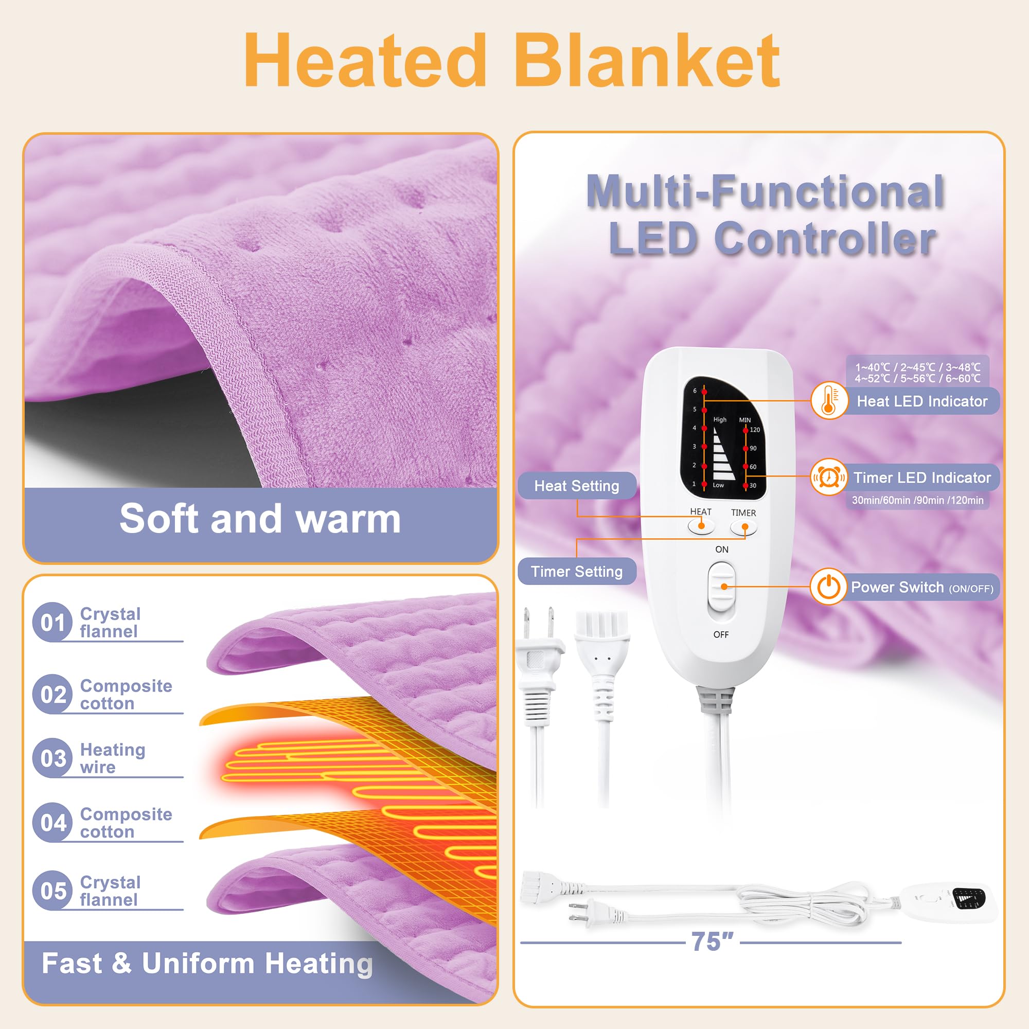 Heating Pad,Heated Blanket,Heating Pad for Back Neck,Silvergray,24x12In | Electric Heating Pad,Dry/Moist Heat Heating Pads,Heating Pads for Shoulder,Abdomen,Knee,Heat Pad for Women Men,Birthday Gift