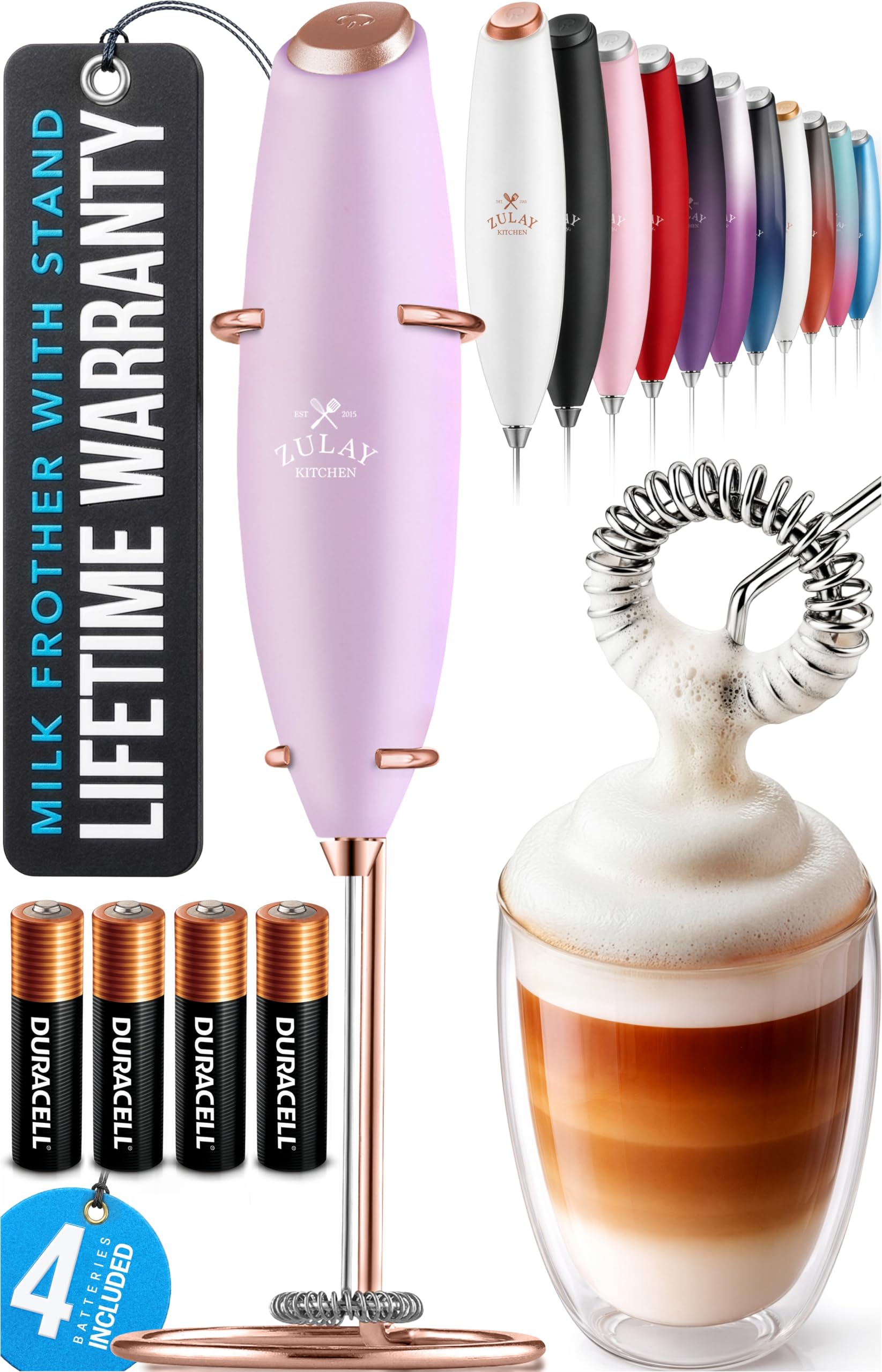 Zulay Kitchen Powerful Milk Frother Wand With Duracell Batteries - Ultra Fast Handheld Drink Mixer - Electric Whisk Foam Maker for Coffee, Lattes, Cappuccino & Matcha - Z1 Motor - Black