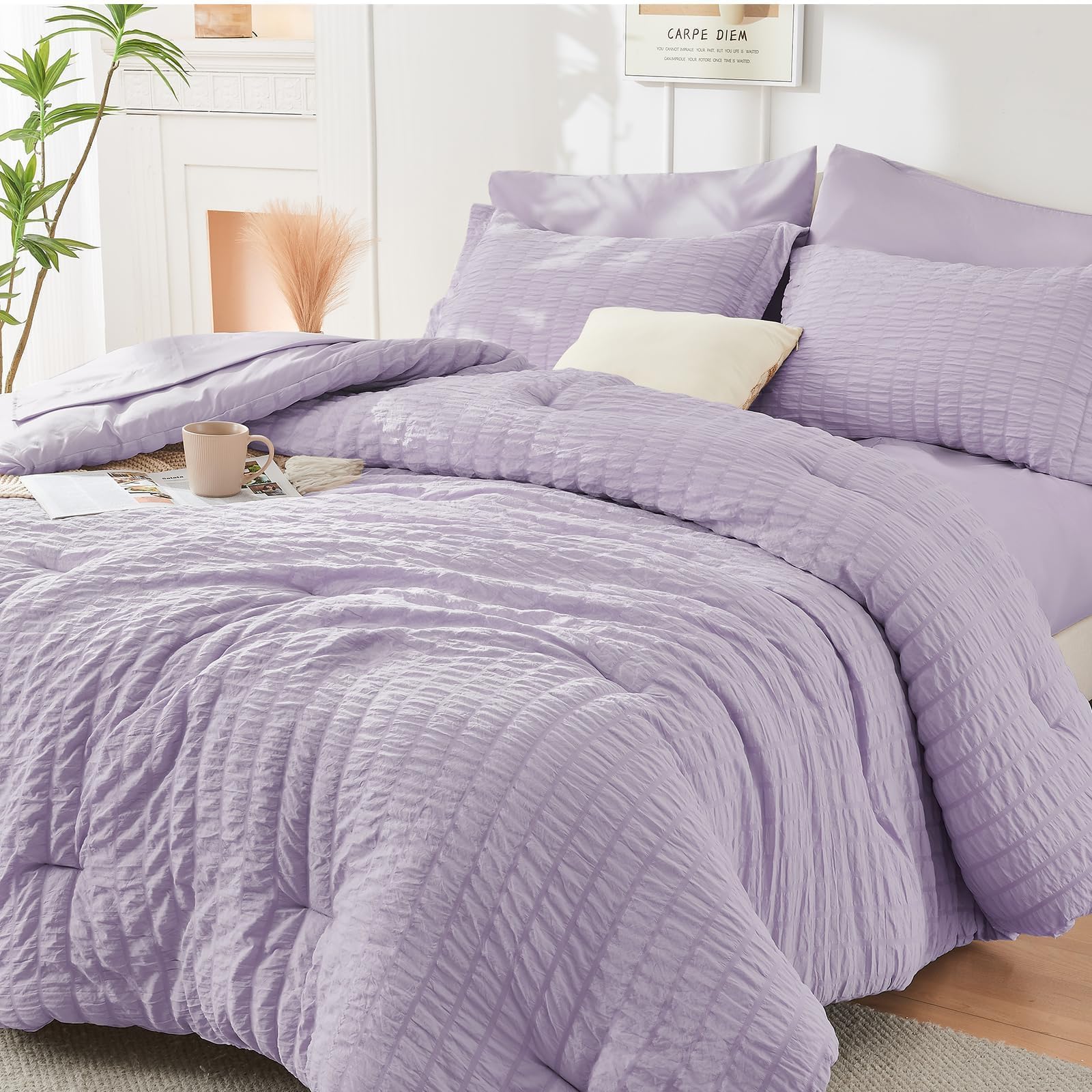 HYMOKEGE Twin XL Comforter Set Seersucker 5 Pieces, All Season Luxury Bed in a Bag for Bedroom, Bedding Set with Comforter, Sheet, Pillowcase & Sham, Dark Grey