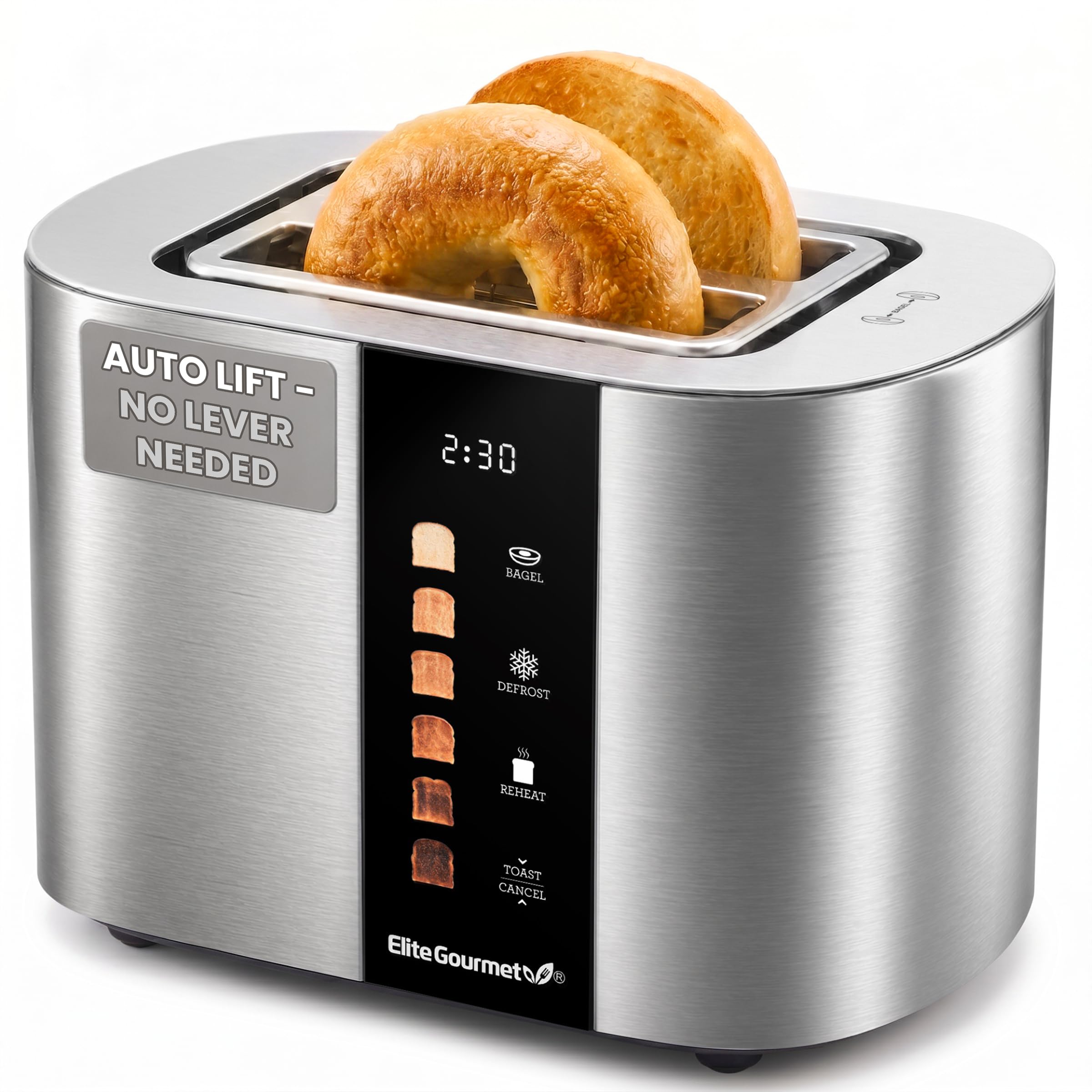 Elite Gourmet ECT5500 4-Slice Long Slot Toaster, Fully Automatic Motorized, Stainless Steel Digital Touchscreen, Extra-Wide Slots, 6 Browning Levels, Bagel, Defrost & Reheat