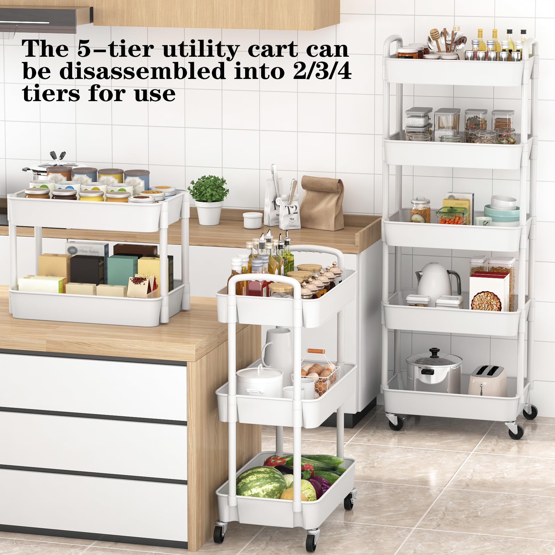 Sywhitta 3-Tier Plastic Rolling Utility Cart with Handle, Multi-Functional Storage Trolley for Office, Living Room, Kitchen, Movable Storage Organizer with Wheels, Black