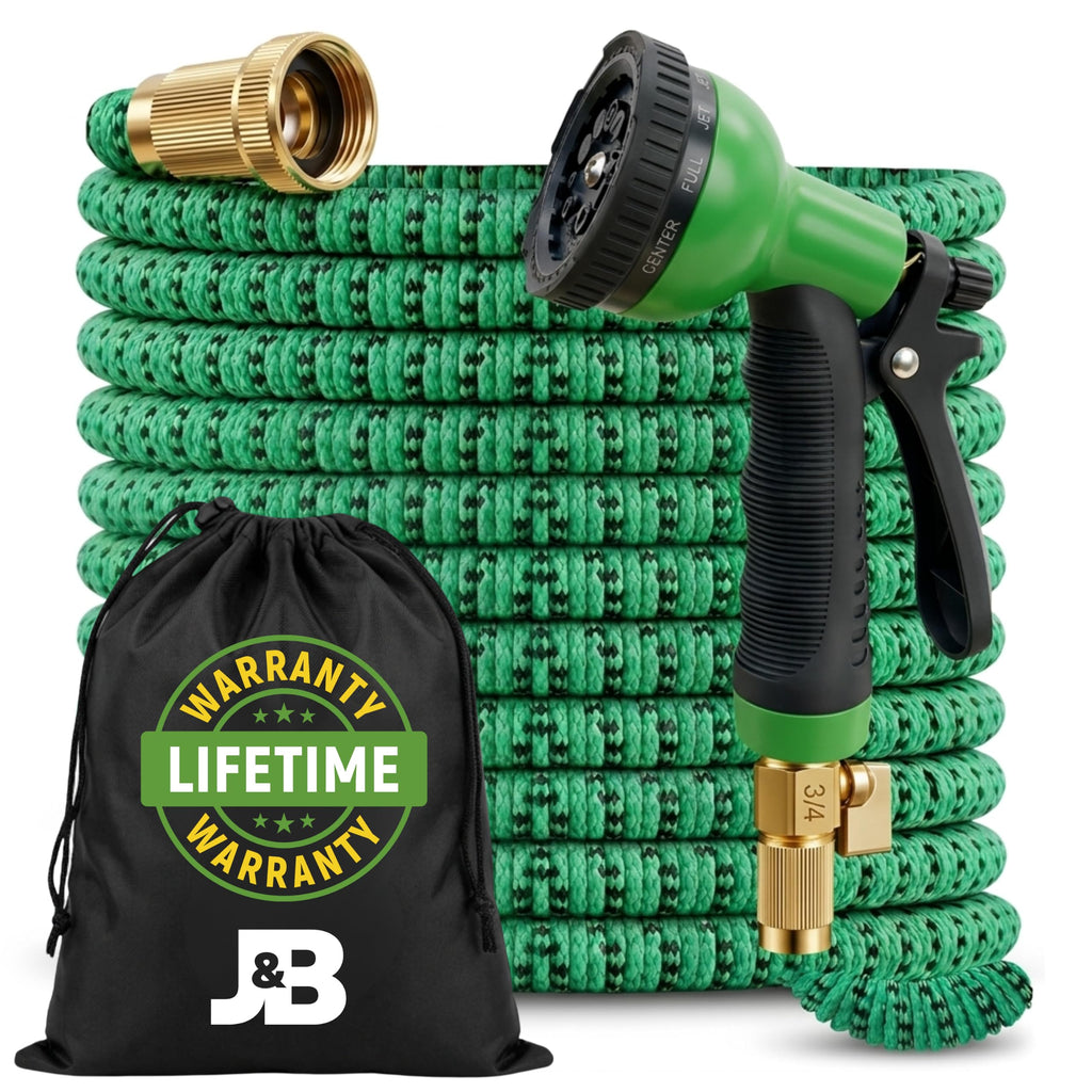 J&B XpandaHose 75ft Expandable Garden Hose, Lightweight, Brass Connectors | Ultra Strong 3750D fabric, 4-layer latex core, expands 3X, kink & leak-resistant, 10-pattern nozzle, storage bag