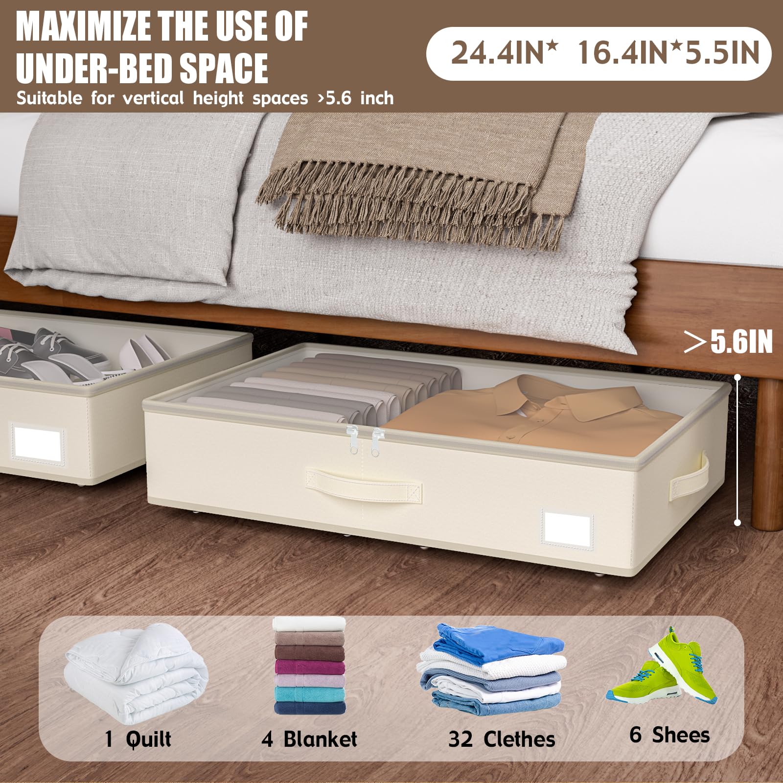 EE-RoomWorld Under Bed Storage with Wheels, No Assemble Required 10 inches height Under Bed Storage bins,Large capacity Rolling Underbed Shoe Storage containers，dorm underbed storage drawers