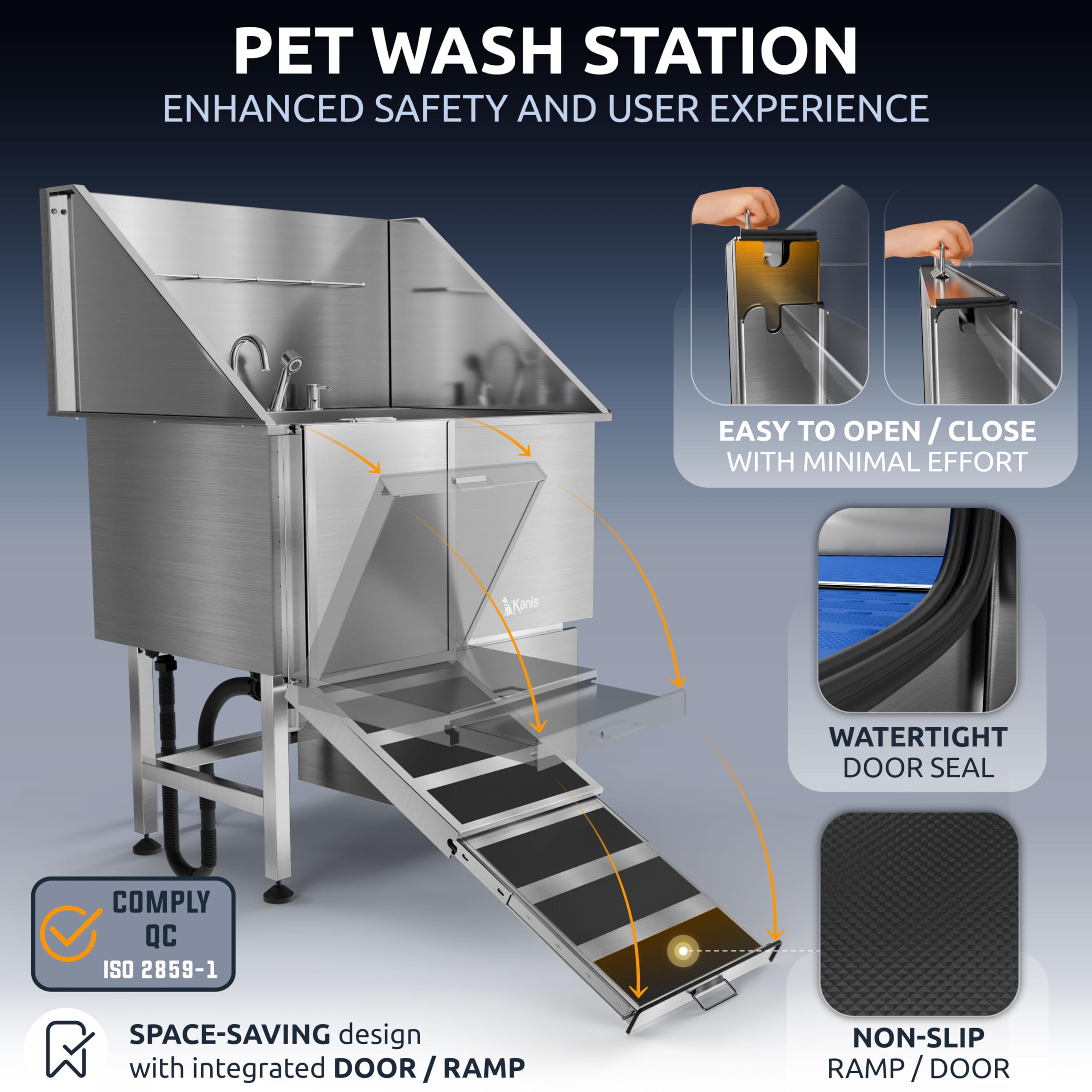 KANIS Professional Dog Washing Station 304 Stainless Steel Pet Wash Sink & Grooming Bathtub w/Shower, Floor Grates and Storage for Large, Medium & Small Pets (Silver, 50 Inches, Right Ramp, 1 Drawer)