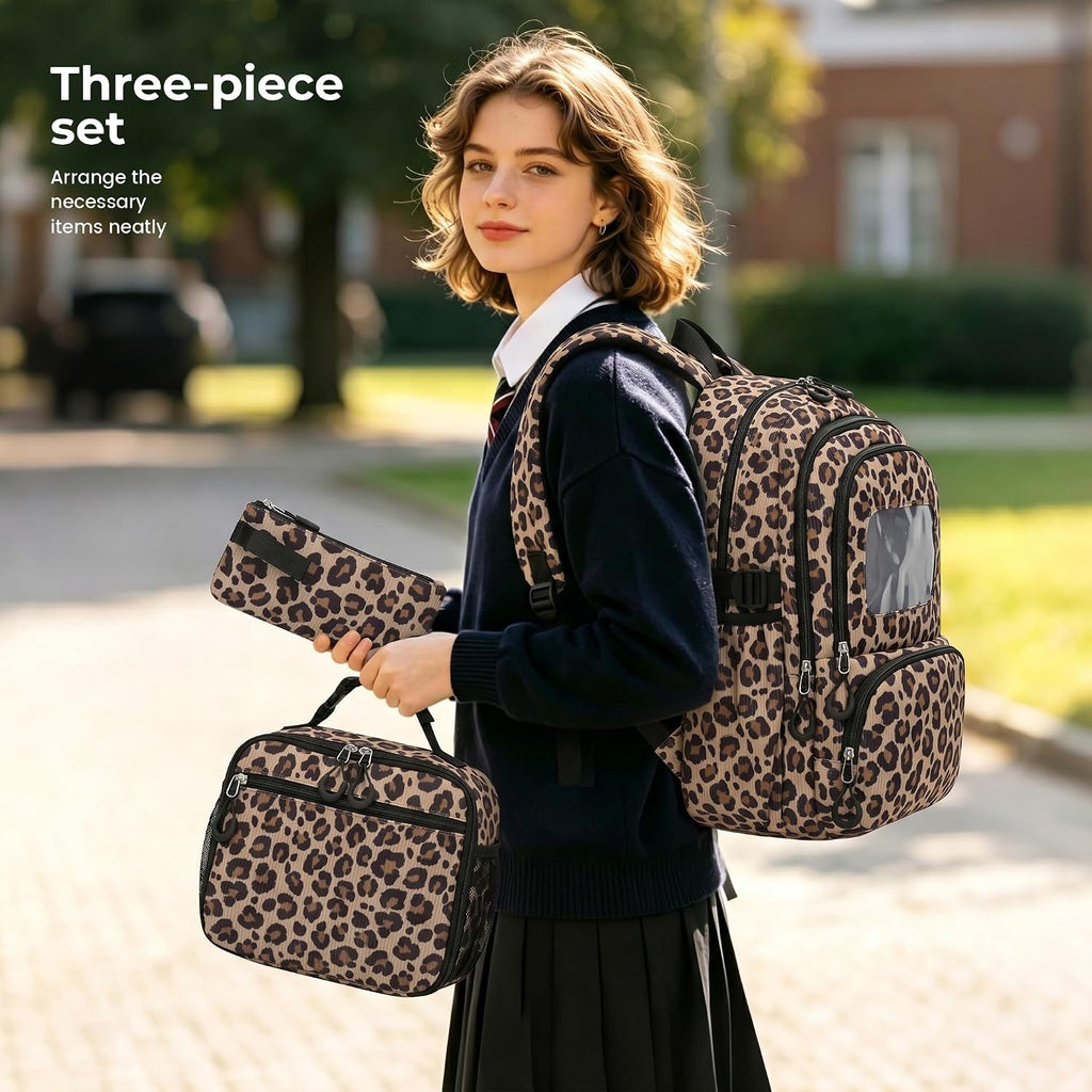 Corduroy School Backpack Set for Girls Boys Women, 3Pcs Kids Bookbag with Lunch Box & Pencil Pouch, Elementary Middle High School College Daypack 15.6" Laptop Bag for Work Travel, Leopard Brown
