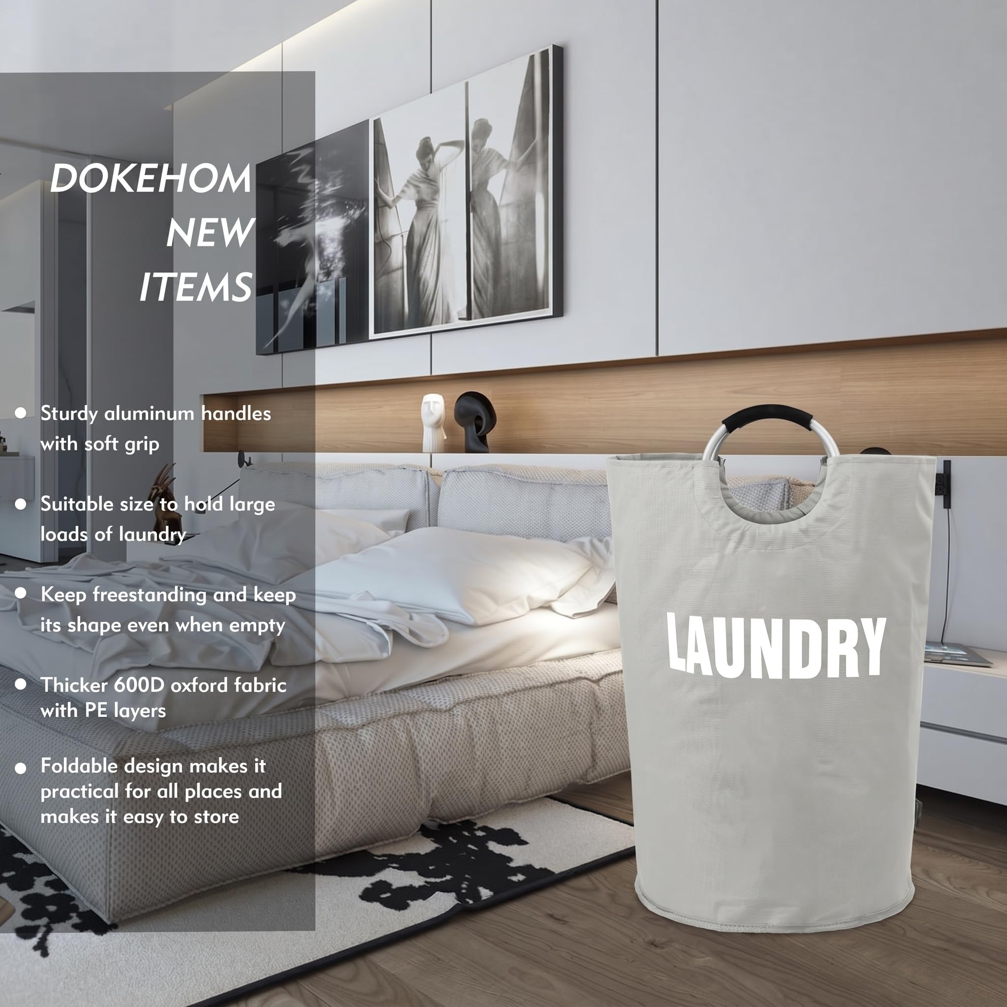 DOKEHOM 90L Large Laundry Basket, Collapsible Laundry Bag, Black | Freestanding tall clothes hamper & foldable washing bin. High-capacity clothes storage basket with durable sturdy handles