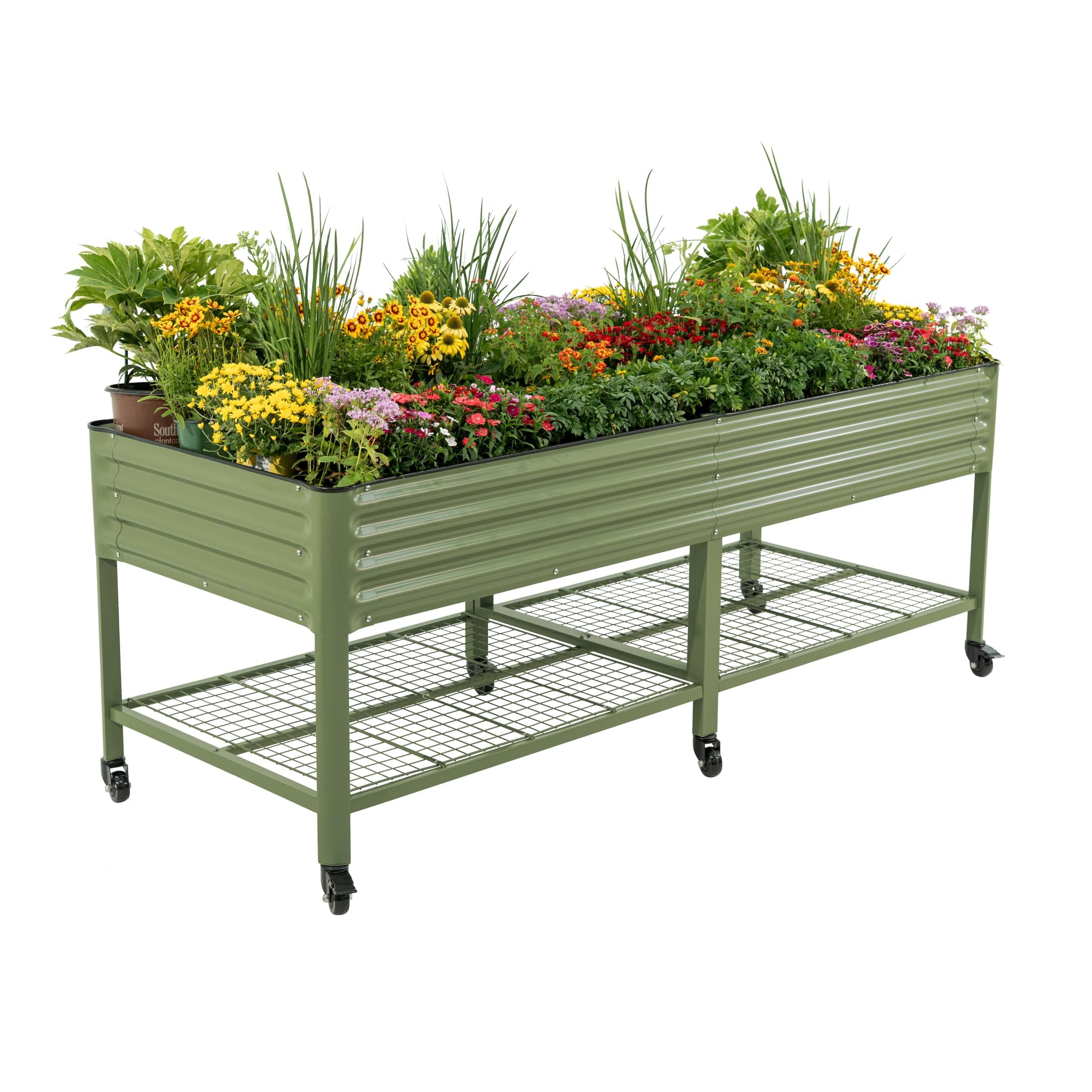 Rolling Elevated Raised Garden Bed, 2' x 4' Outdoor Planters Boxes with Legs & Storage Rack for Patio, 700 Lbs Weight Capacity, Raised Beds for Gardening Herbs Flowers, Pearl White