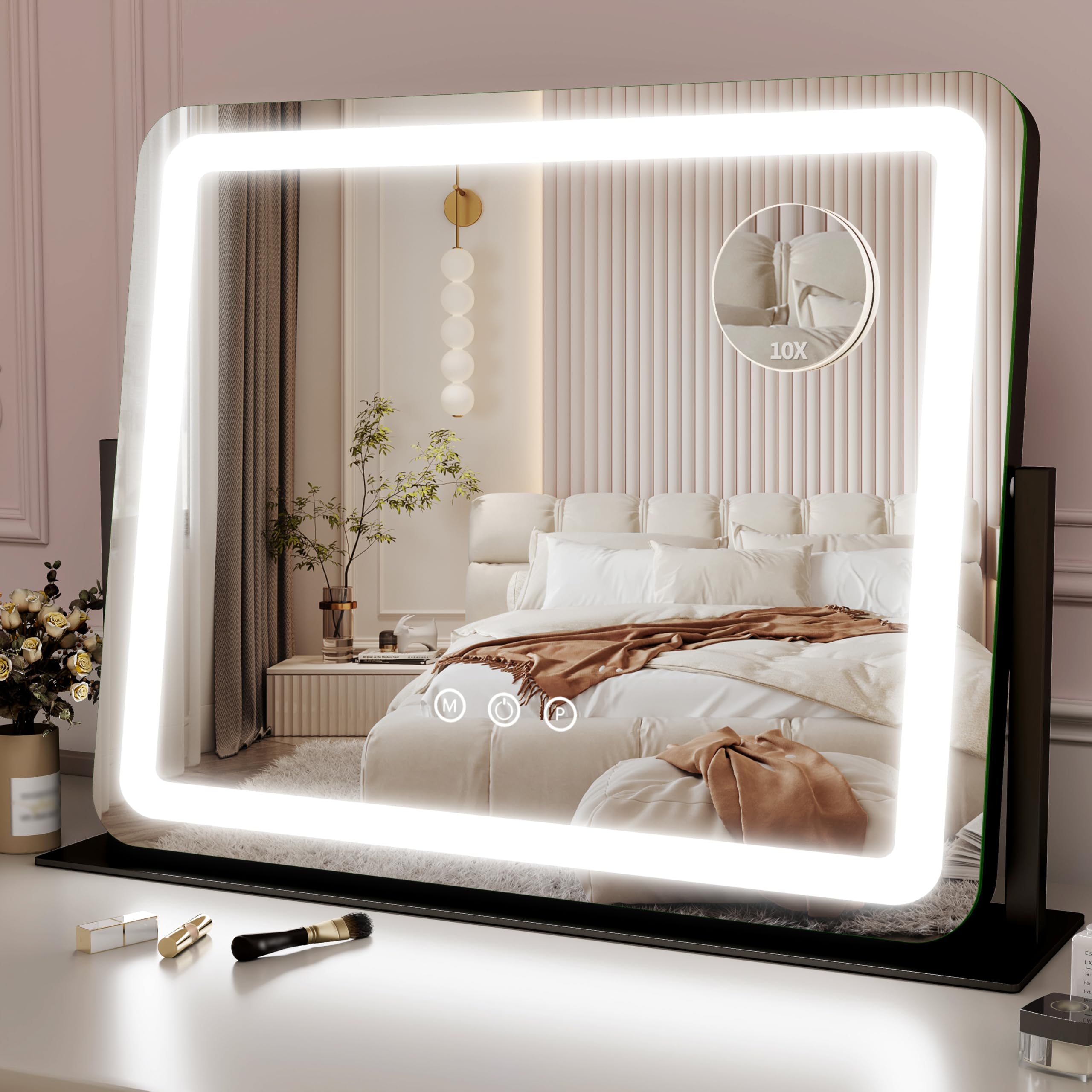 ROLOVE Vanity Mirror with Lights, 12.6"x15" LED Makeup Mirror with Lights, Smart Touch Control 3 Color Dimmable, Lighted Desk Mirror for Bedroom, Light Up Mirror