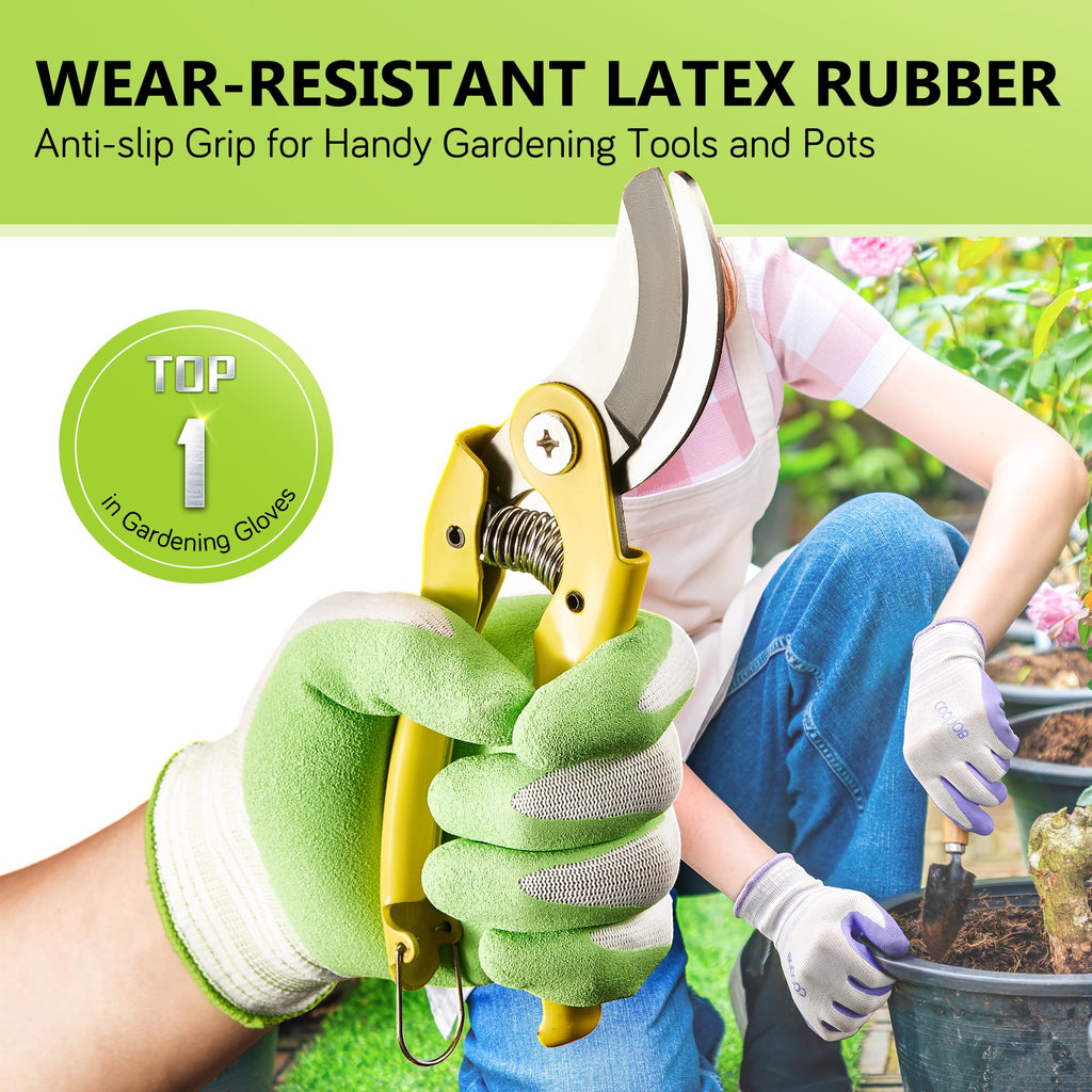 COOLJOB 2 Pairs Gardening Gloves for Women Ladies, Breathable Rubber Coated for Yard Garden, Outdoor Indoor Protective Work with Grip, Medium Size, Red & Green | Red & Blue, Textured Latex Palm, Breathable Polyester Liner, Flexible Fit, Machine Washable,
