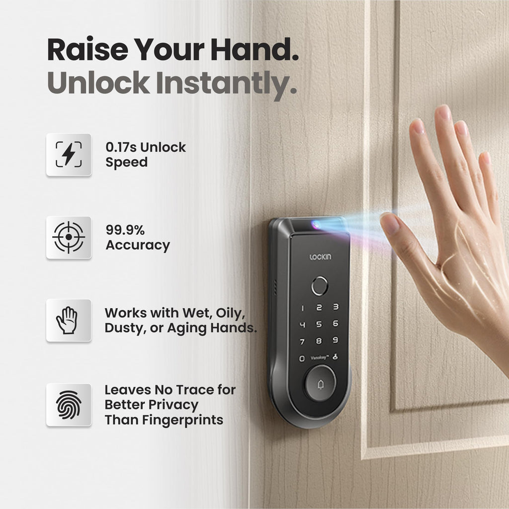 Lockin Venoris Smart Lock - Palm Vein & Fingerprint Keyless Entry Door Lock - 6 Unlock Methods - Built-in WiFi - Smart Home Compatible - No Monthly Subscription - 7-Month Battery Life