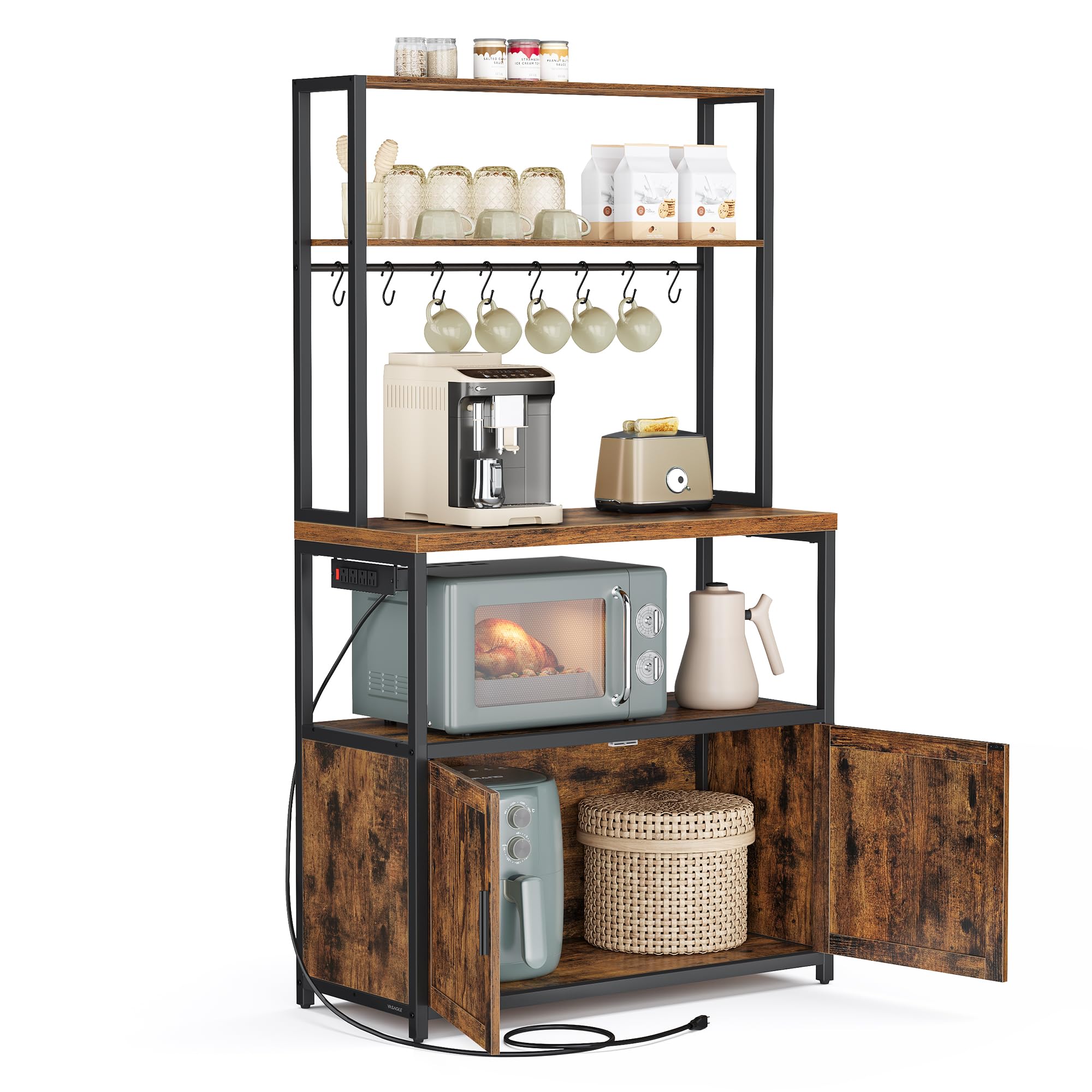 VASAGLE Kitchen Bakers Rack with Power Outlet, Coffee Bar with 35.4-Inch High Worktop, Microwave Stand with 8 Hooks, 15.7 x 31.5 x 66.9 Inches, Golden Oak and Cloud White UKKS059Y01
