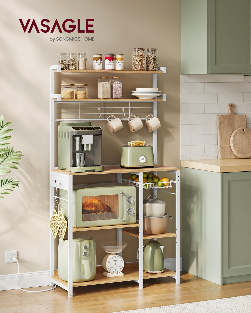 VASAGLE Kitchen Bakers Rack with Power Outlet, Coffee Bar with 35.4-Inch High Worktop, Microwave Stand with 8 Hooks, 15.7 x 31.5 x 66.9 Inches, Golden Oak and Cloud White UKKS059Y01