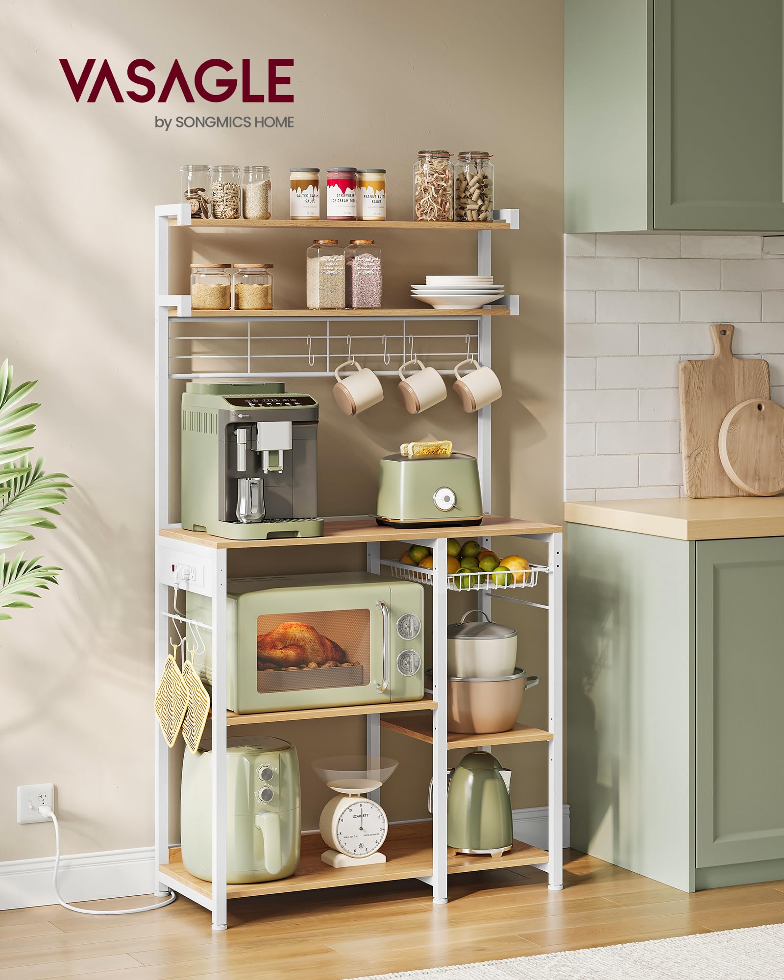 VASAGLE Kitchen Bakers Rack with Power Outlet, Coffee Bar with 35.4-Inch High Worktop, Microwave Stand with 8 Hooks, 15.7 x 31.5 x 66.9 Inches, Golden Oak and Cloud White UKKS059Y01