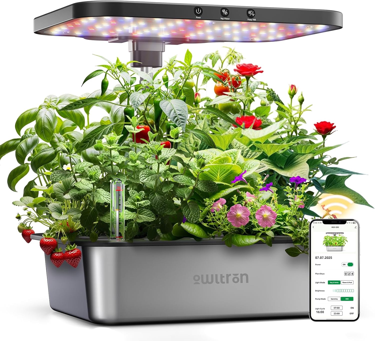 owltron Smart Hydroponics Growing System Kit,15 Pods Indoor Herb Garden with 36W LED Grow Light & APP Control, Planting Height Up to 30", Quiet Water Pump, Ideal Gift for All Ages Dark Silver