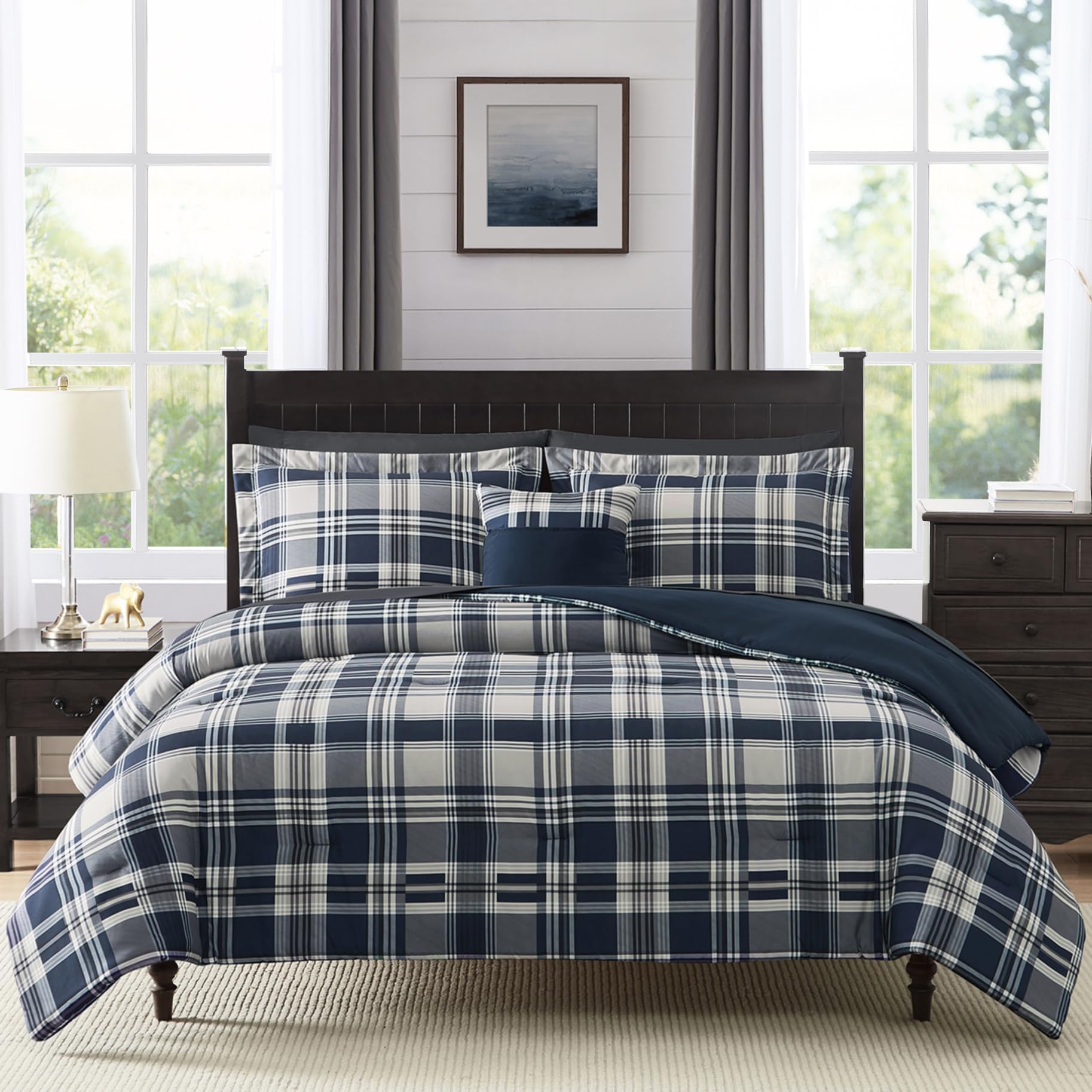 MaiRêve Plaid Twin XL Comforter Set Navy Blue 5 Pieces Dorm Bed in a Bag | Rustic Farmhouse Bedding Sets for Boys Teen with Sheets, Pillowcase & Sham