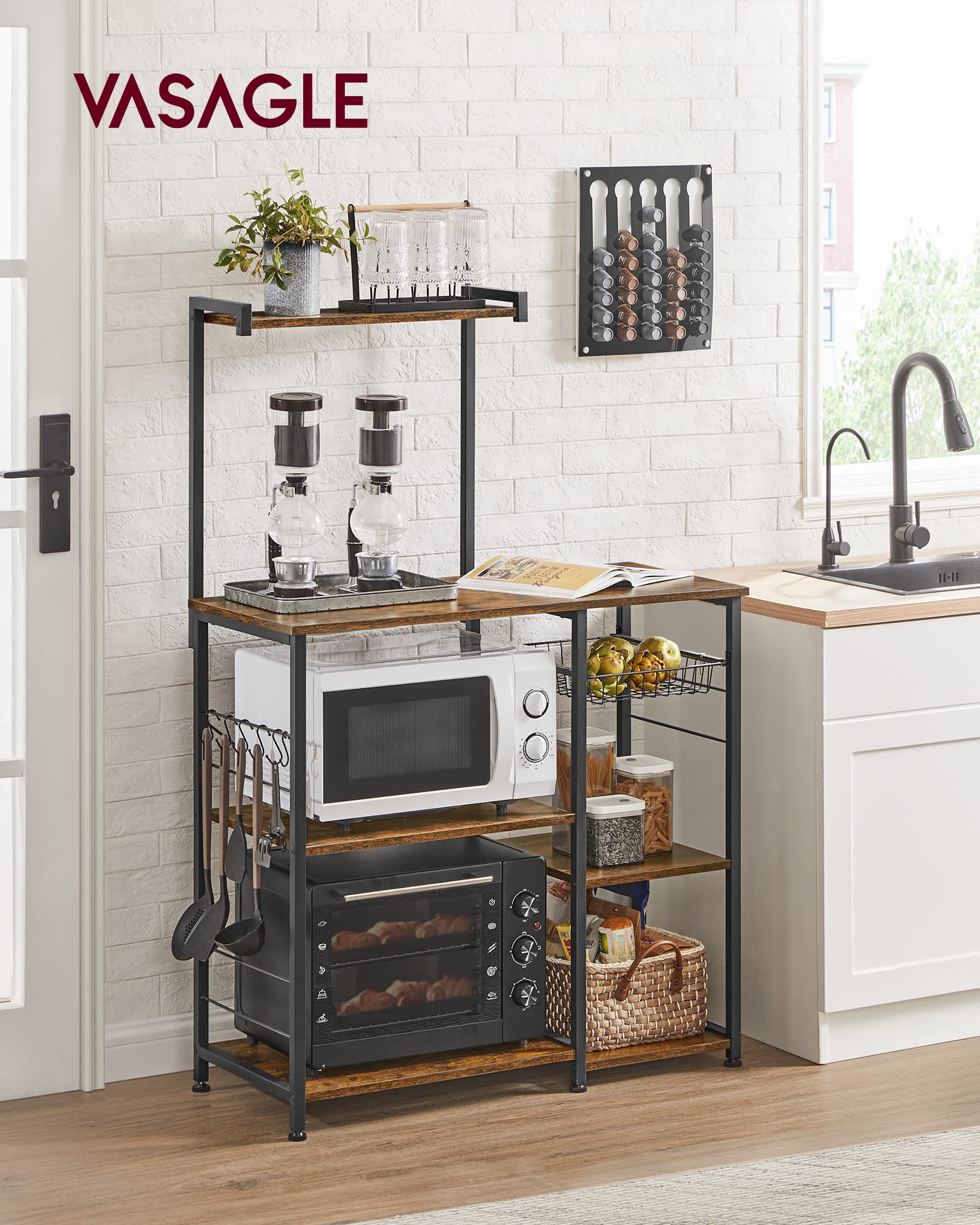 VASAGLE Kitchen Bakers Rack with Power Outlet, Coffee Bar with 35.4-Inch High Worktop, Microwave Stand with 8 Hooks, 15.7 x 31.5 x 66.9 Inches, Golden Oak and Cloud White UKKS059Y01