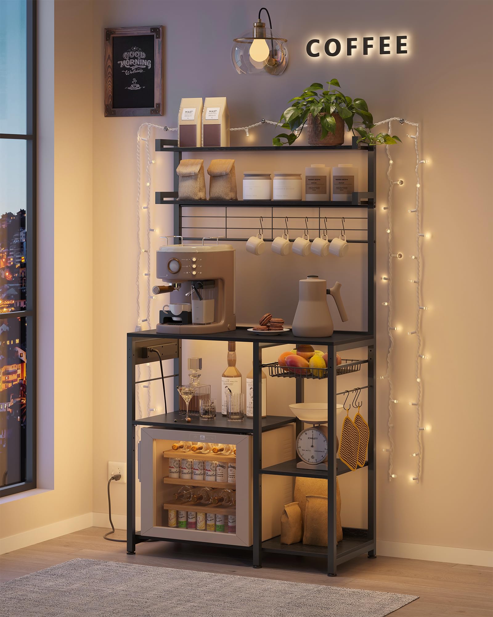 VASAGLE Kitchen Bakers Rack with Power Outlet, Coffee Bar with 35.4-Inch High Worktop, Microwave Stand with 8 Hooks, 15.7 x 31.5 x 66.9 Inches, Golden Oak and Cloud White UKKS059Y01