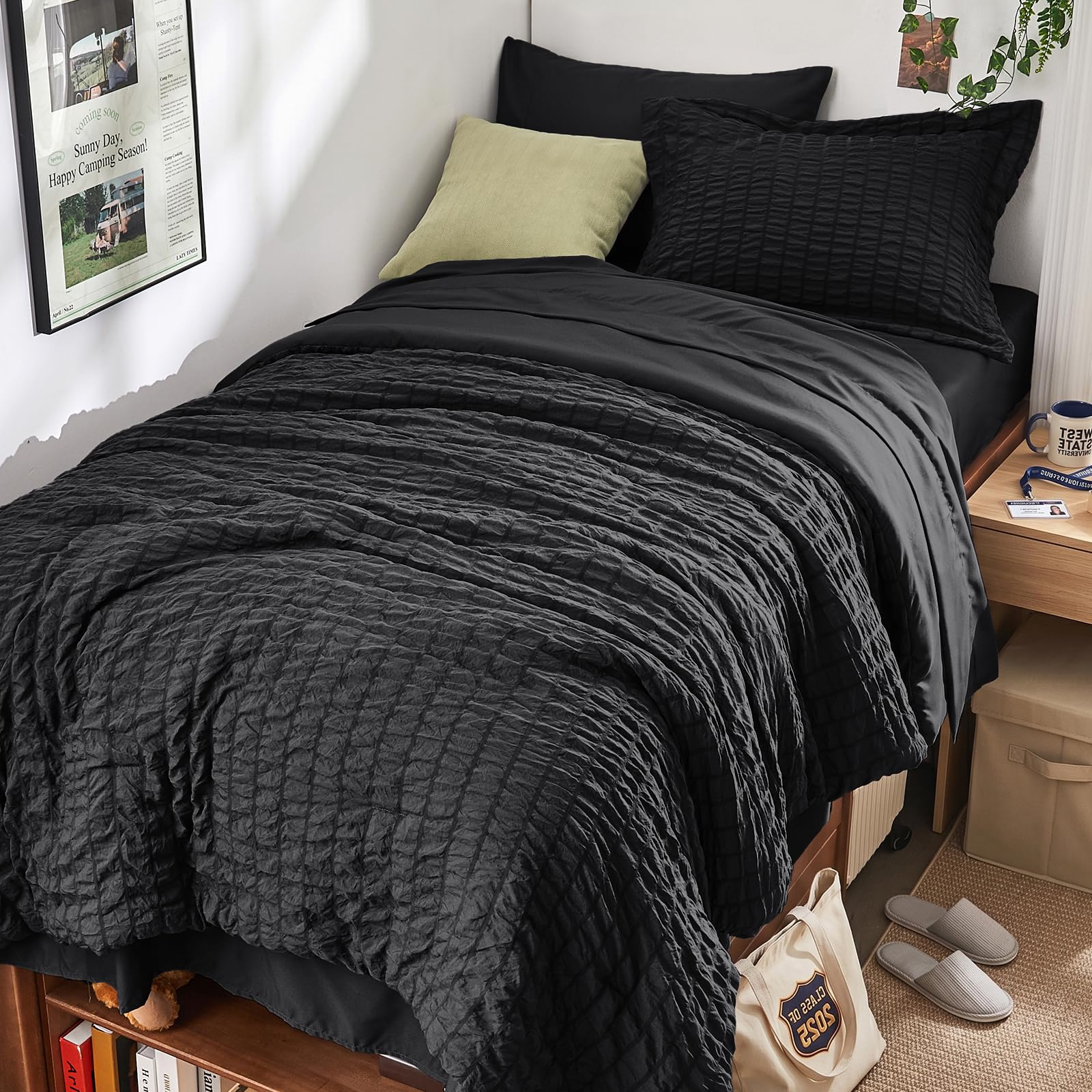 HYMOKEGE Twin XL Comforter Set Seersucker 5 Pieces, All Season Luxury Bed in a Bag for Bedroom, Bedding Set with Comforter, Sheet, Pillowcase & Sham, Dark Grey