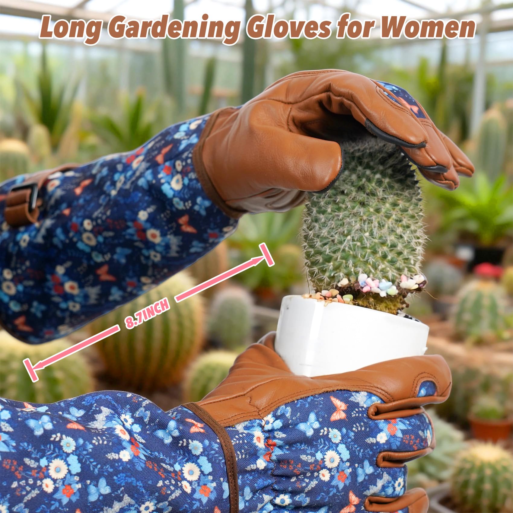 DLY Garden Gloves for Women,Gardening Gloves,Gardening Gift for Lady,Blue,M | Thornproof Cowhide Palm, Foam-Padded Grip, Long Sunflower Print Cuff, 3-Finger Touchscreen, Rose Pruning, Weeding & Yard Work
