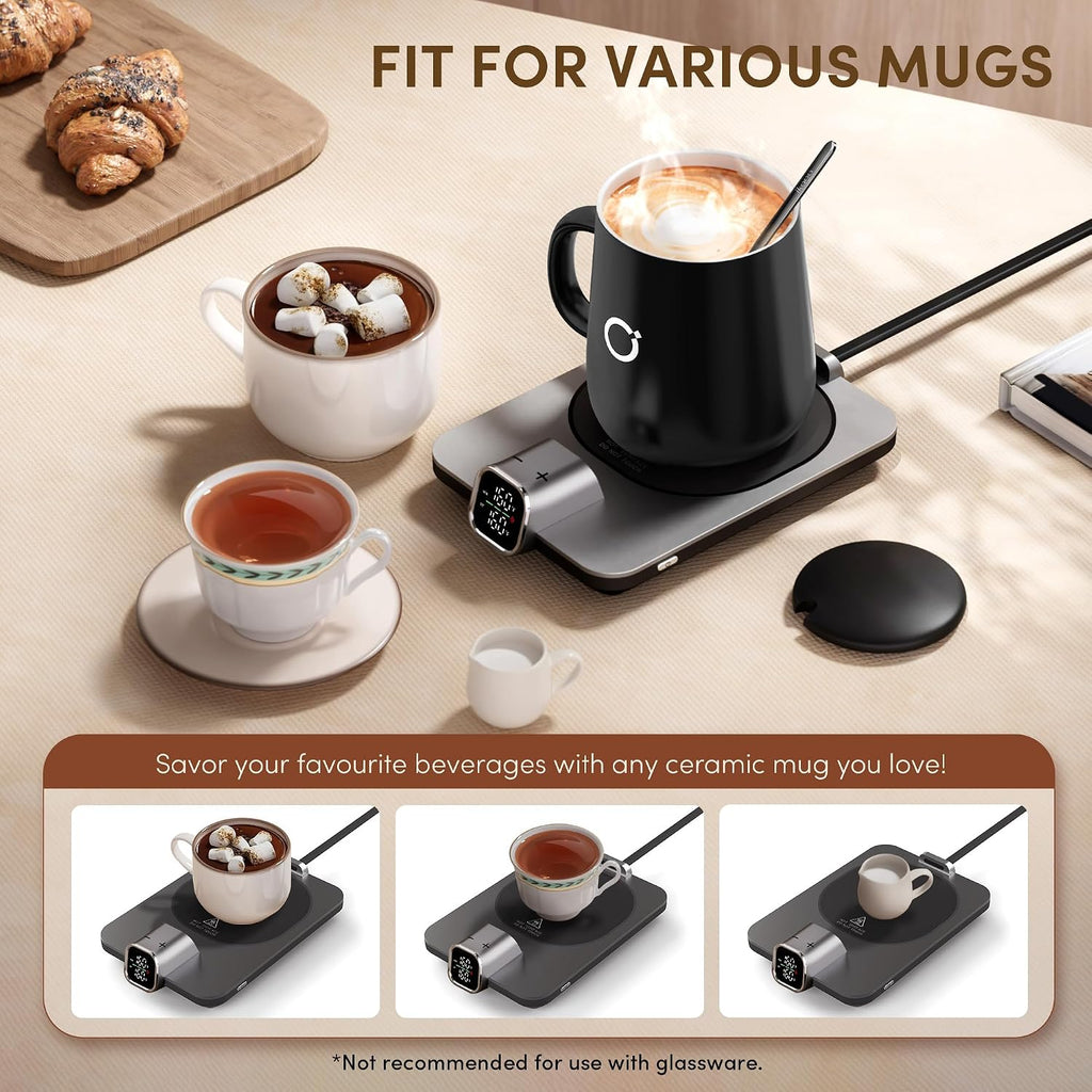 Coffee Cup Warmer & iKago Mug Set, 1℉ Precise Temp Control Mug Warmer | Auto Shut Off, Infrared Sensor, Dual Temp Display, ℉/℃ Optional, 15oz Mug with Spoon & Lid Included, Gifts for Men Women