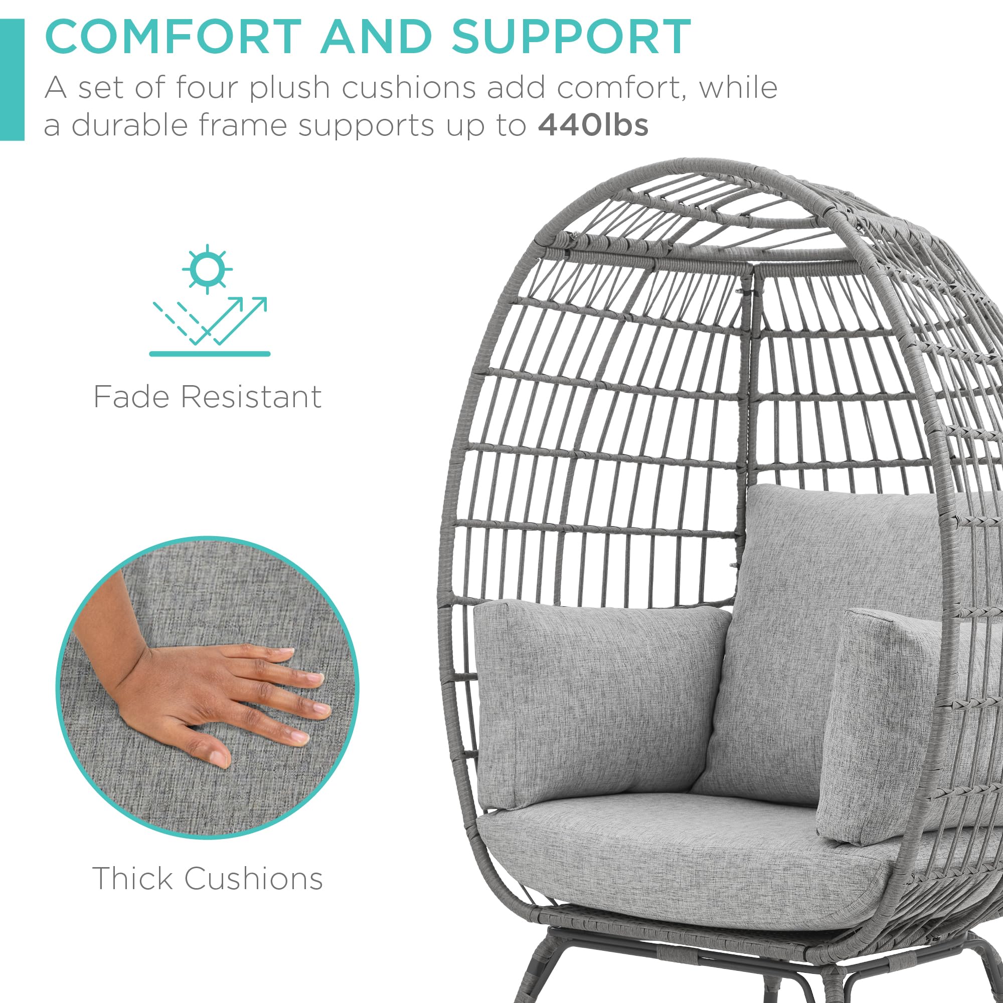 Best Choice Products Wicker Egg Chair, Oversized Indoor Outdoor Lounger for Patio, Backyard, Living Room w/ 4 Cushions, Steel Frame, 440lb Capacity - Black