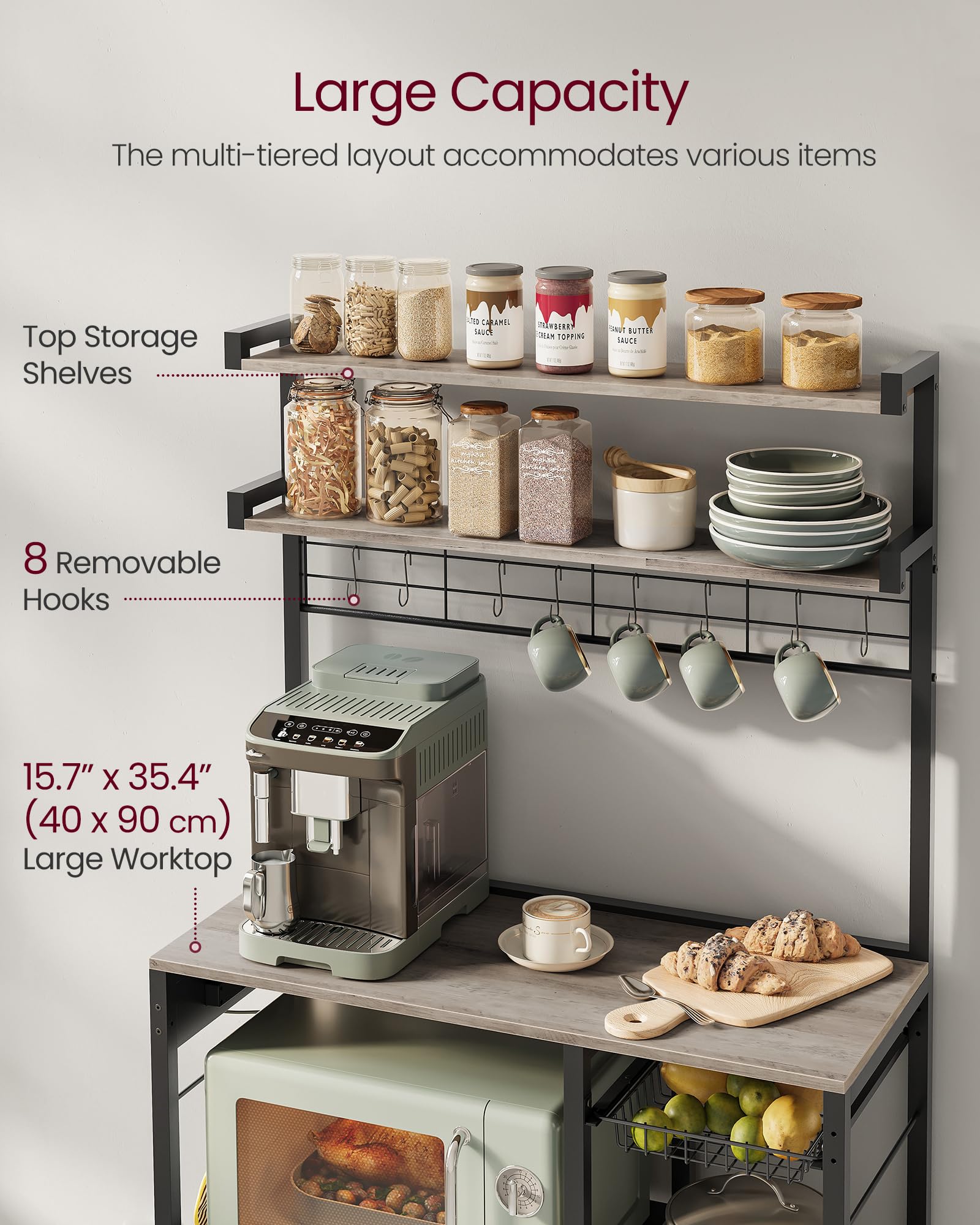 VASAGLE Kitchen Bakers Rack with Power Outlet, Coffee Bar with 35.4-Inch High Worktop, Microwave Stand with 8 Hooks, 15.7 x 31.5 x 66.9 Inches, Golden Oak and Cloud White UKKS059Y01