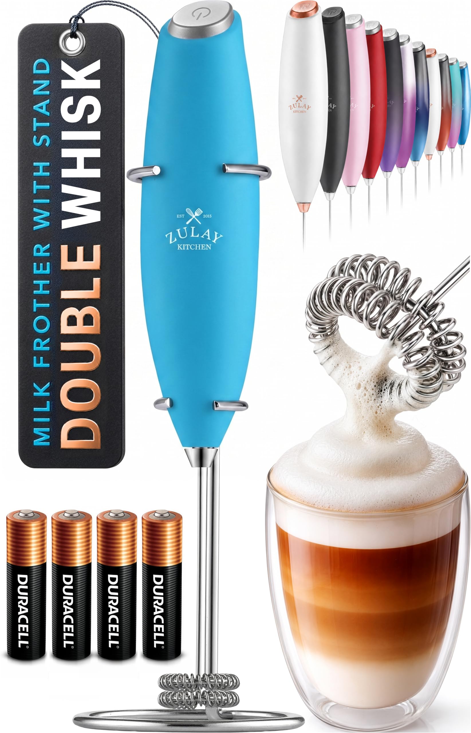 Zulay Kitchen Powerful Milk Frother Wand With Duracell Batteries - Ultra Fast Handheld Drink Mixer - Electric Whisk Foam Maker for Coffee, Lattes, Cappuccino & Matcha - Z1 Motor - Black