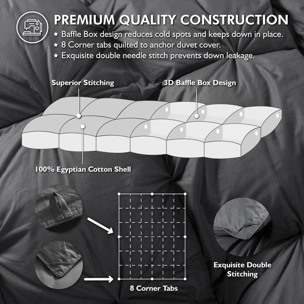 Luxurious All-Season Goose Down Feather Fiber Comforter California King Size Duvet Insert, Exquisite Pinch Pleat Design, Premium Baffle Box, 100% Egyptian Cotton Cover, 80 oz. Fill Weight, Black