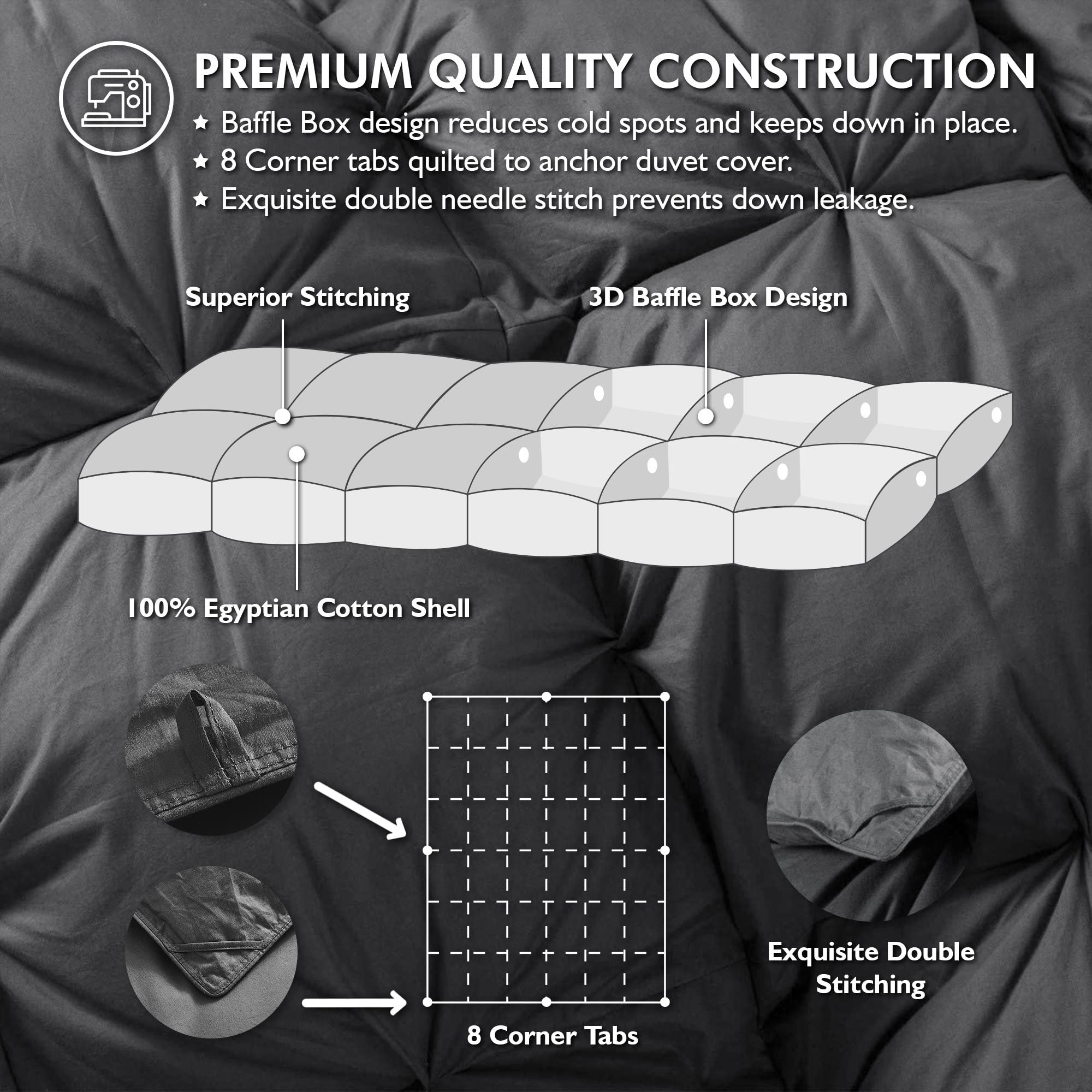 Luxurious All-Season Goose Down Feather Fiber Comforter California King Size Duvet Insert, Exquisite Pinch Pleat Design, Premium Baffle Box, 100% Egyptian Cotton Cover, 80 oz. Fill Weight, Black