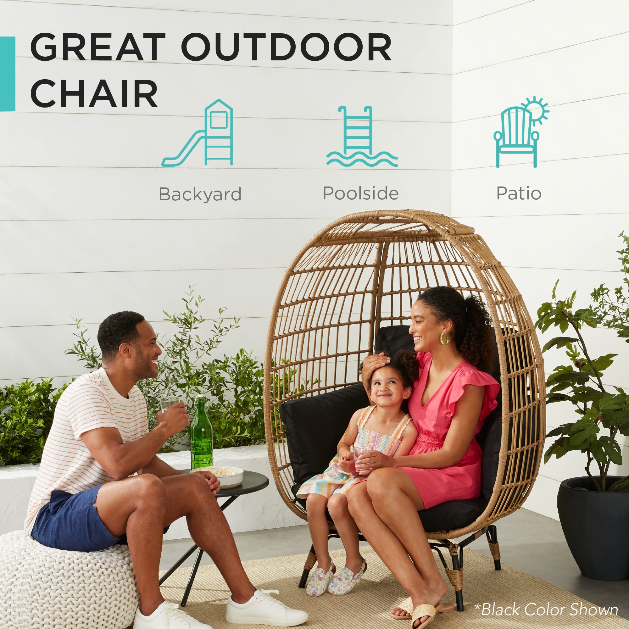 Best Choice Products Wicker Egg Chair, Oversized Indoor Outdoor Lounger for Patio, Backyard, Living Room w/ 4 Cushions, Steel Frame, 440lb Capacity - Black