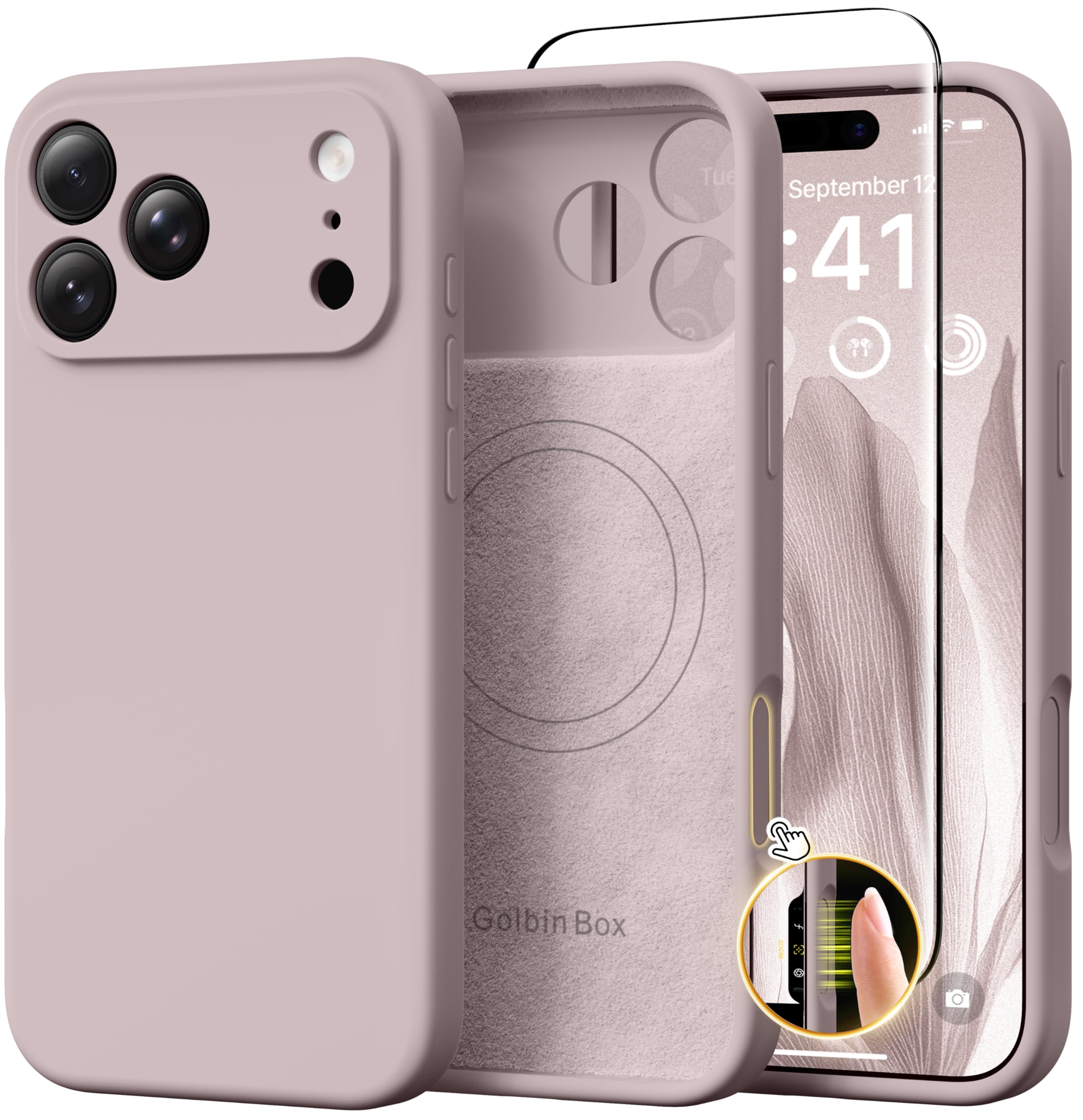 GolbinBox Magnetic for iPhone 17 Pro Max Case, Compatible with MagSafe, [Full Camera Protection] [Screen Protector], Silicone Shockproof Phone Cover with Anti-Scratch Microfiber Lining, Chalk Pink