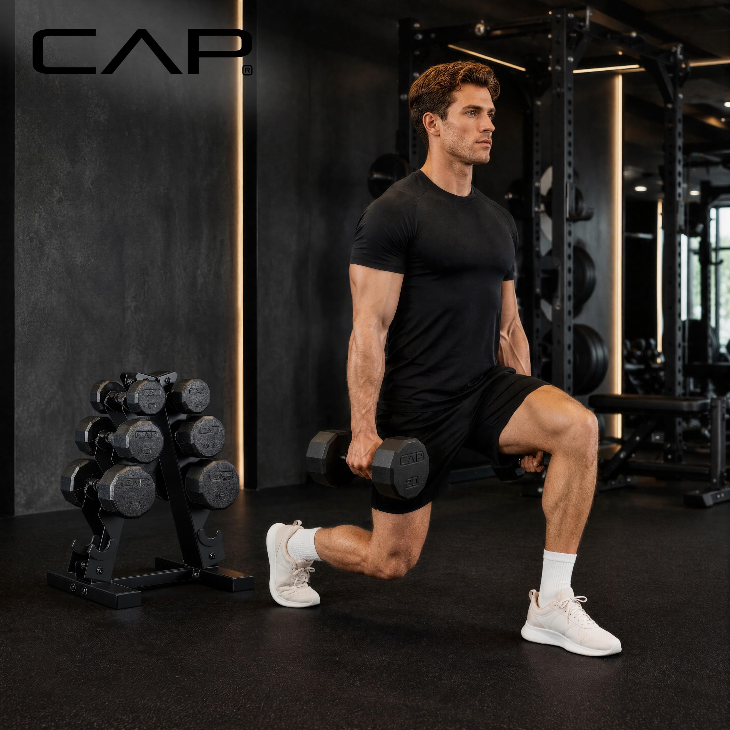 CAP Rubber Coated Hex Dumbbell Set with Storage Rack | 100–210 lb Options, Space-Saving Vertical Compact Storage for Home Gym Strength Training