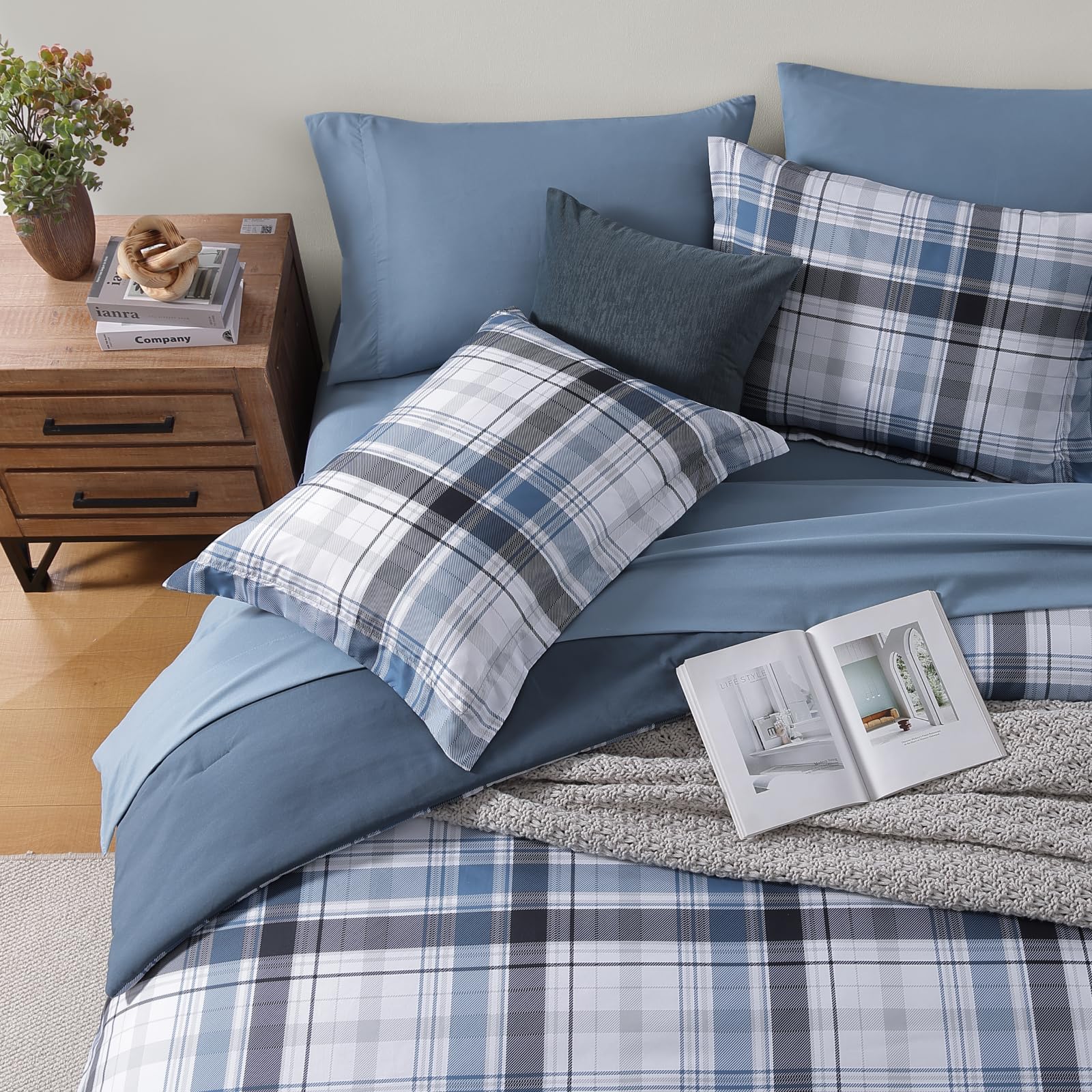 MaiRêve Plaid Twin XL Comforter Set Navy Blue 5 Pieces Dorm Bed in a Bag | Rustic Farmhouse Bedding Sets for Boys Teen with Sheets, Pillowcase & Sham