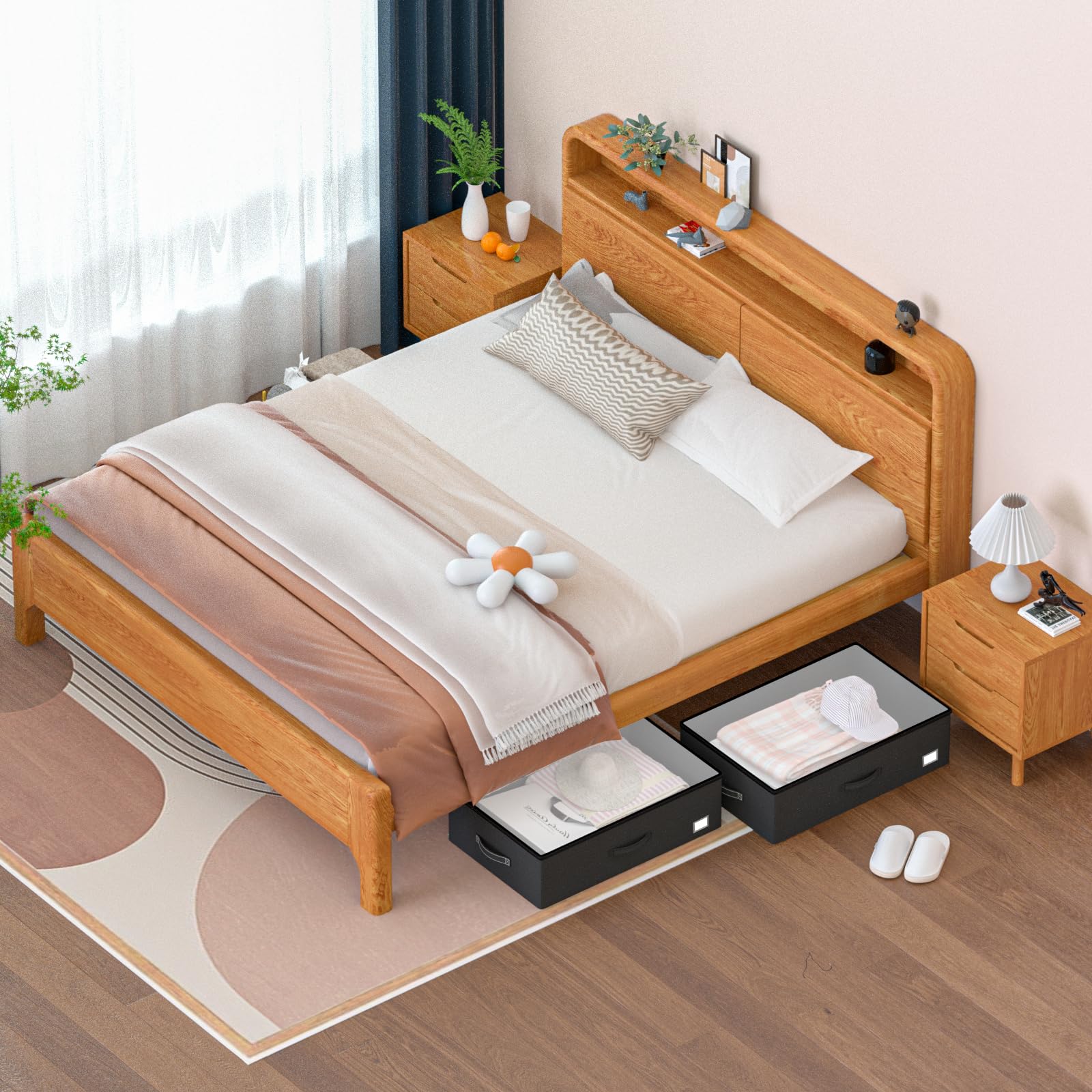 EE-RoomWorld Under Bed Storage with Wheels, No Assemble Required 10 inches height Under Bed Storage bins,Large capacity Rolling Underbed Shoe Storage containers，dorm underbed storage drawers