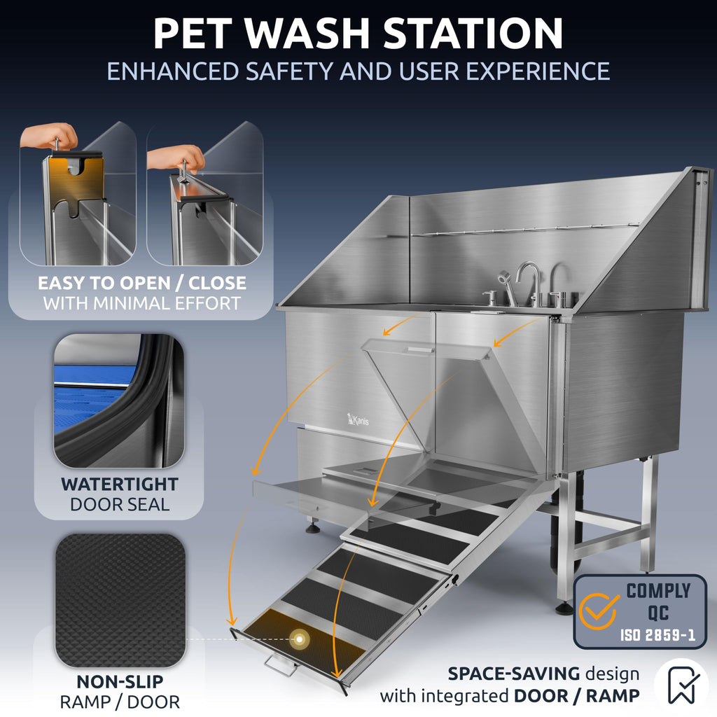 KANIS Professional Dog Washing Station 304 Stainless Steel Pet Wash Sink & Grooming Bathtub w/Shower, Floor Grates and Storage for Large, Medium & Small Pets (Silver, 50 Inches, Right Ramp, 1 Drawer)
