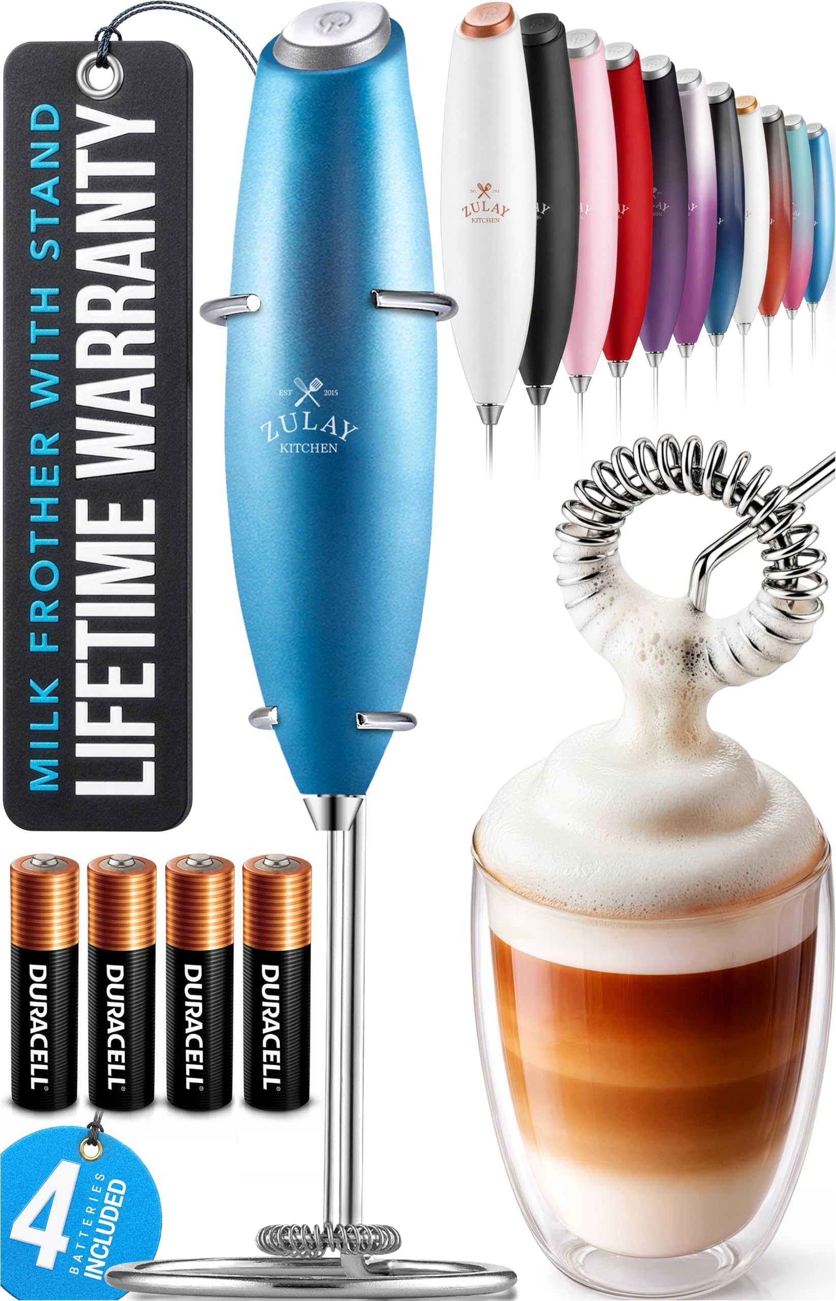Zulay Kitchen Powerful Milk Frother Wand With Duracell Batteries - Ultra Fast Handheld Drink Mixer - Electric Whisk Foam Maker for Coffee, Lattes, Cappuccino & Matcha - Z1 Motor - Black