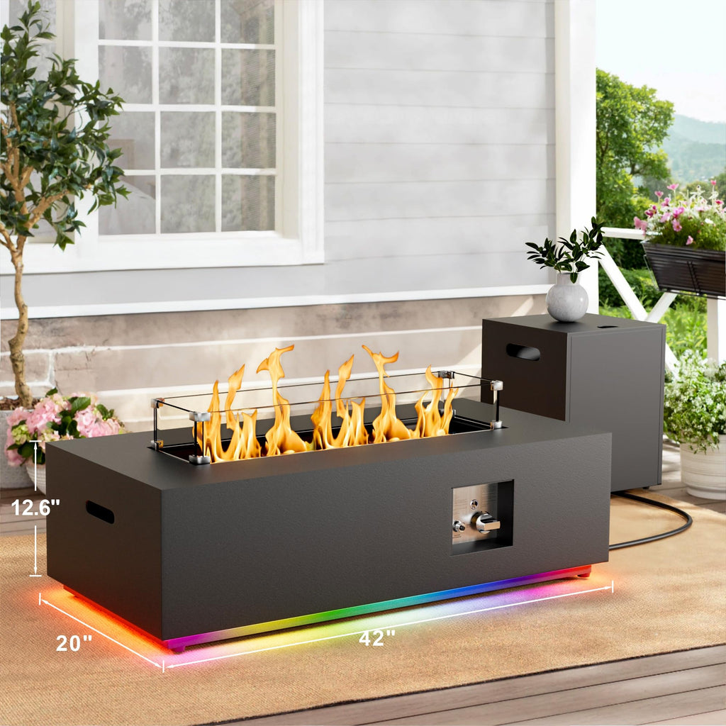 SUNPEAK 42" Modern Fire Pit Table with LED Light 50,000 BTU Deck Fire Pit Table Includes Wind Guard, Lid, Rocks & Cover - Propane Gas Patio Fireplace, Chimenea para Patio (Grey/Golden Light, 42" LED)