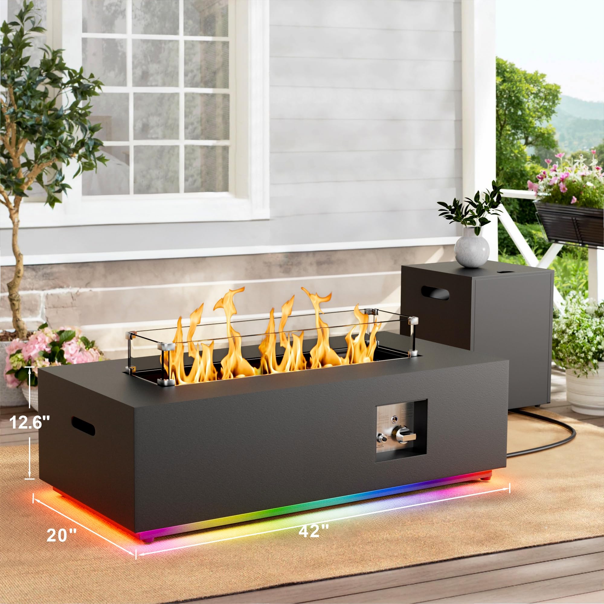 SUNPEAK 42" Modern Fire Pit Table with LED Light 50,000 BTU Deck Fire Pit Table Includes Wind Guard, Lid, Rocks & Cover - Propane Gas Patio Fireplace, Chimenea para Patio (Grey/Golden Light, 42" LED)