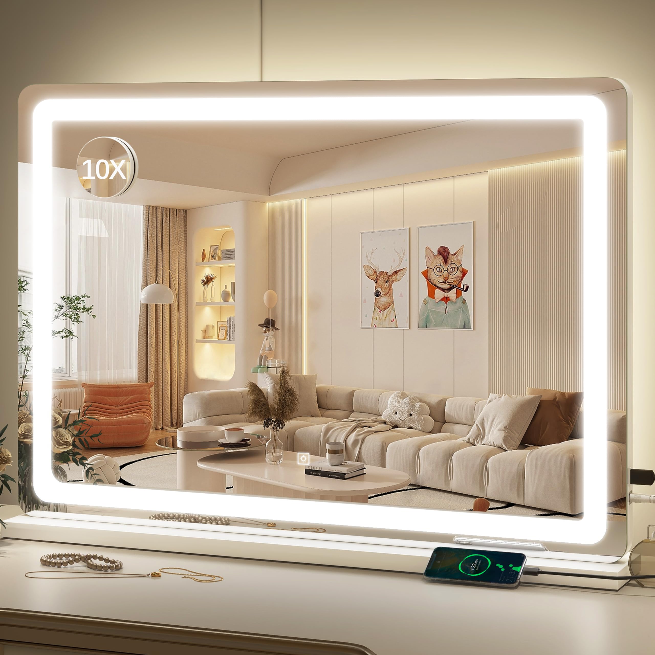 ROLOVE Vanity Mirror with Lights, 12.6"x15" LED Makeup Mirror with Lights, Smart Touch Control 3 Color Dimmable, Lighted Desk Mirror for Bedroom, Light Up Mirror
