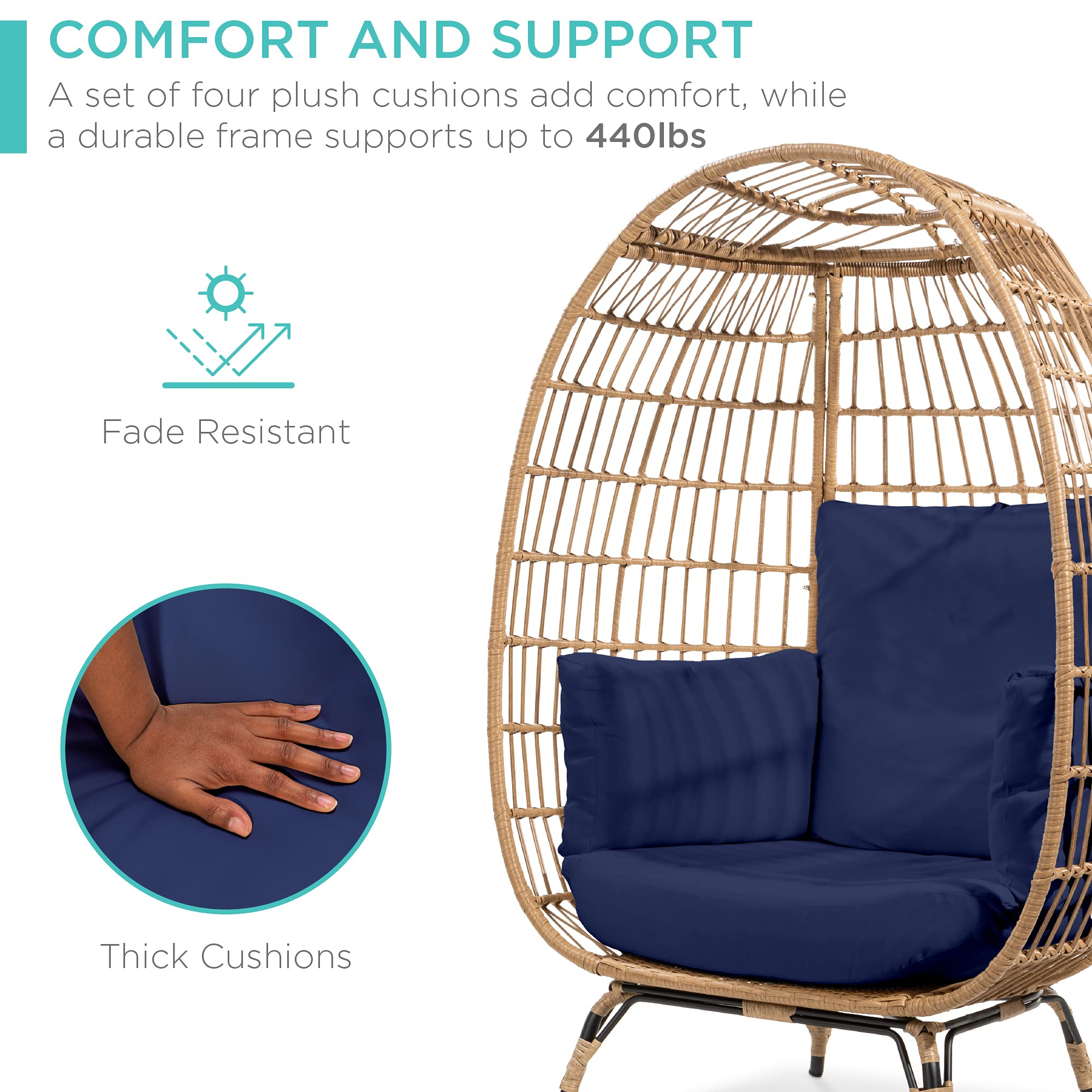 Best Choice Products Wicker Egg Chair, Oversized Indoor Outdoor Lounger for Patio, Backyard, Living Room w/ 4 Cushions, Steel Frame, 440lb Capacity - Black