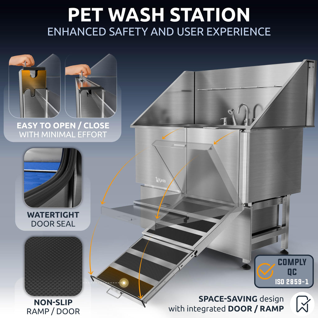 KANIS Professional Dog Washing Station 304 Stainless Steel Pet Wash Sink & Grooming Bathtub w/Shower, Floor Grates and Storage for Large, Medium & Small Pets (Silver, 50 Inches, Right Ramp, 1 Drawer)