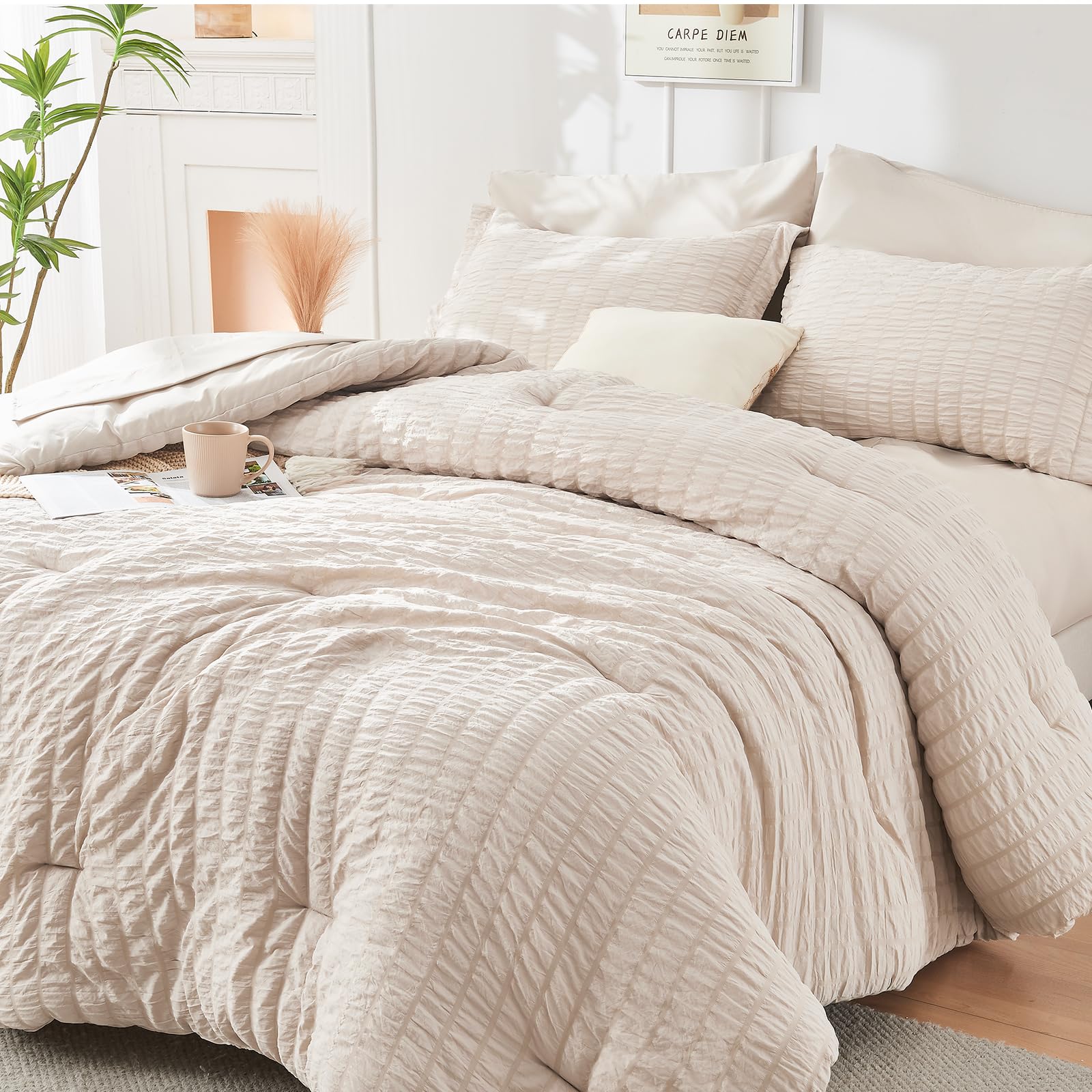 HYMOKEGE Twin XL Comforter Set Seersucker 5 Pieces, All Season Luxury Bed in a Bag for Bedroom, Bedding Set with Comforter, Sheet, Pillowcase & Sham, Dark Grey
