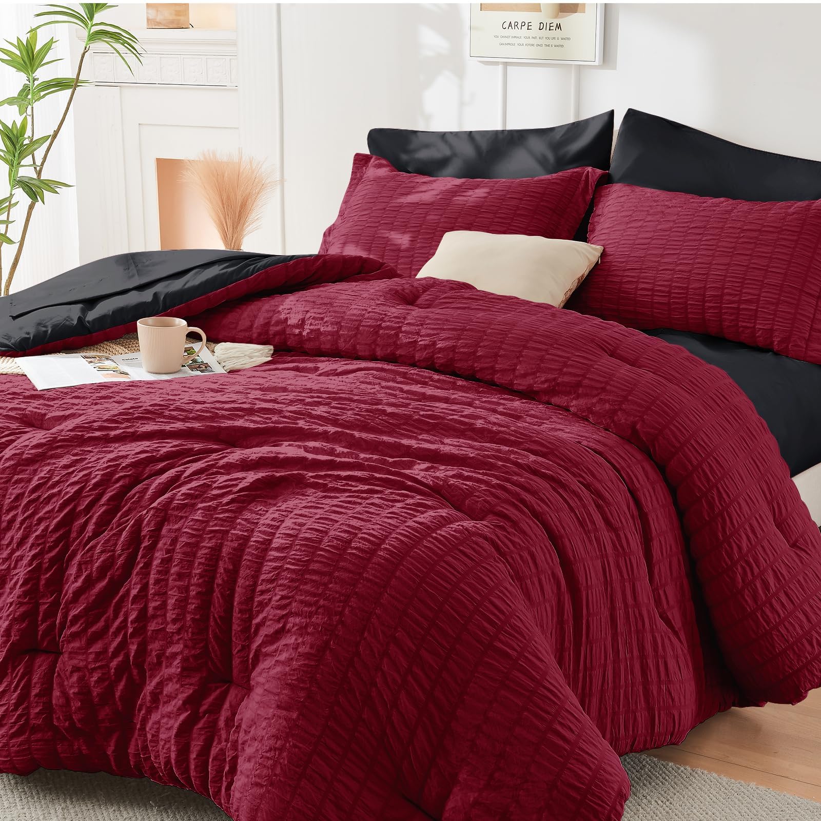HYMOKEGE Twin XL Comforter Set Seersucker 5 Pieces, All Season Luxury Bed in a Bag for Bedroom, Bedding Set with Comforter, Sheet, Pillowcase & Sham, Dark Grey