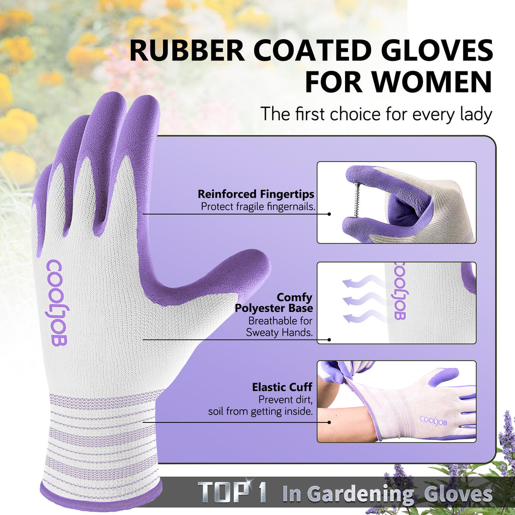 COOLJOB 2 Pairs Gardening Gloves for Women Ladies, Breathable Rubber Coated for Yard Garden, Outdoor Indoor Protective Work with Grip, Medium Size, Red & Green | Red & Blue, Textured Latex Palm, Breathable Polyester Liner, Flexible Fit, Machine Washable,