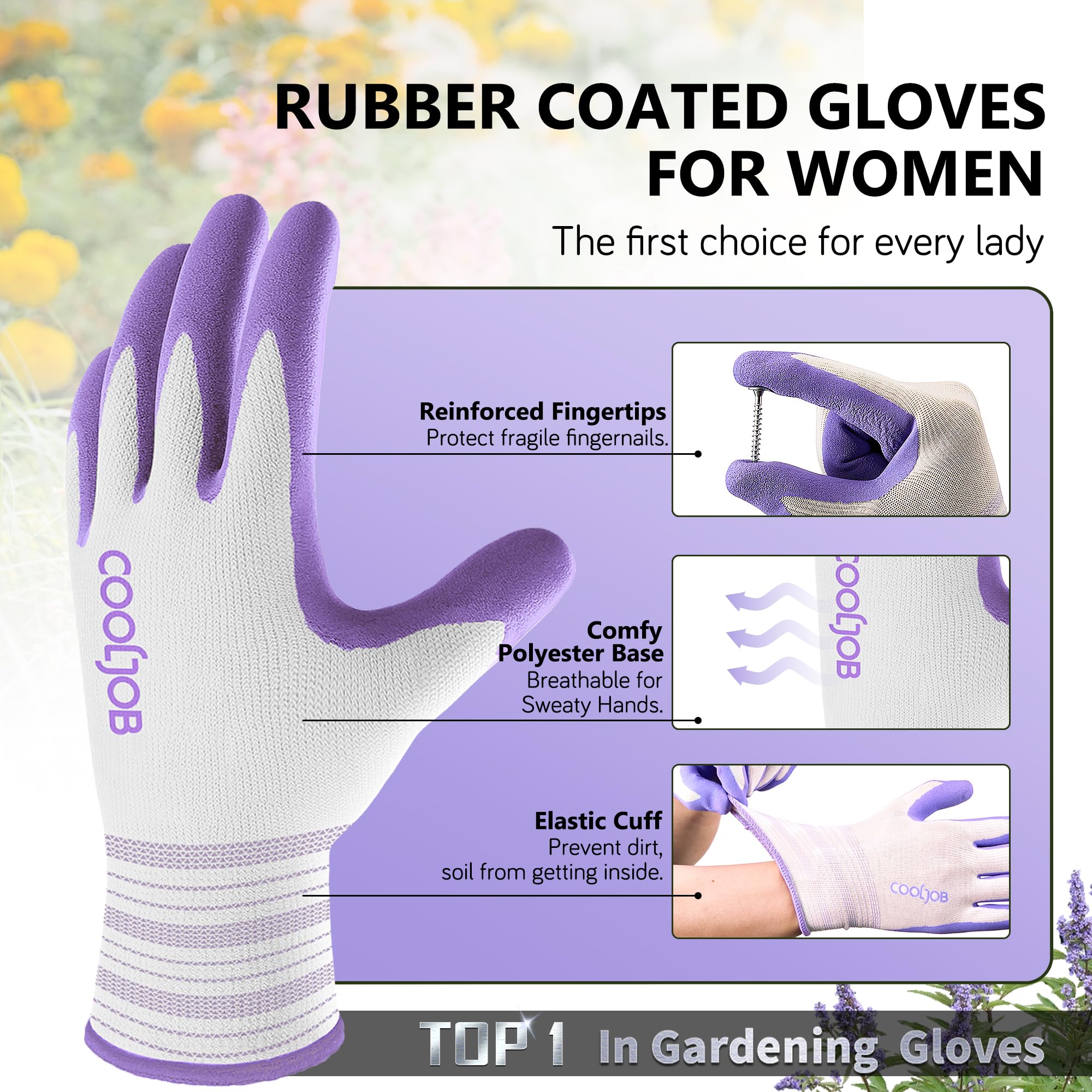 COOLJOB 2 Pairs Gardening Gloves for Women Ladies, Breathable Rubber Coated for Yard Garden, Outdoor Indoor Protective Work with Grip, Medium Size, Red & Green | Red & Blue, Textured Latex Palm, Breathable Polyester Liner, Flexible Fit, Machine Washable,