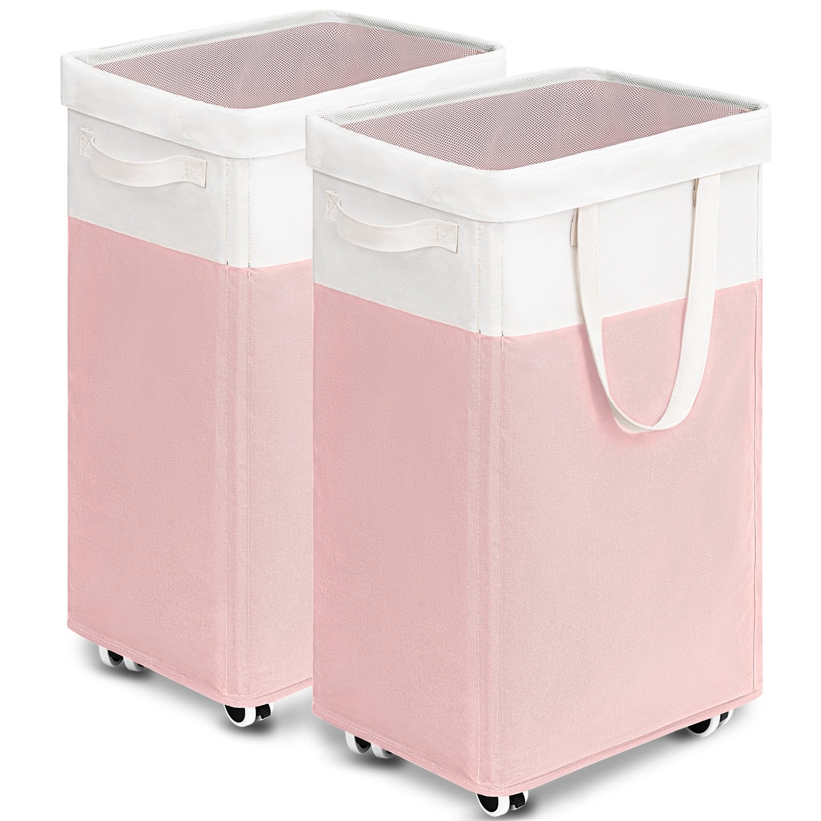 Goodpick Pink Laundry Basket with Wheels, Dorm Room Essentials for Girls, 75L Collapsible Laundry Basket, Laundry Hamper with Handle for College Dorm
