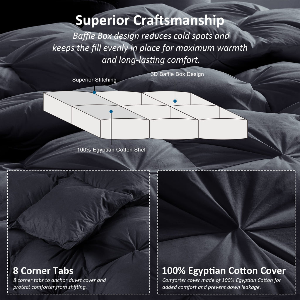 Luxurious All-Season Goose Down Feather Fiber Comforter California King Size Duvet Insert, Exquisite Pinch Pleat Design, Premium Baffle Box, 100% Egyptian Cotton Cover, 80 oz. Fill Weight, Black