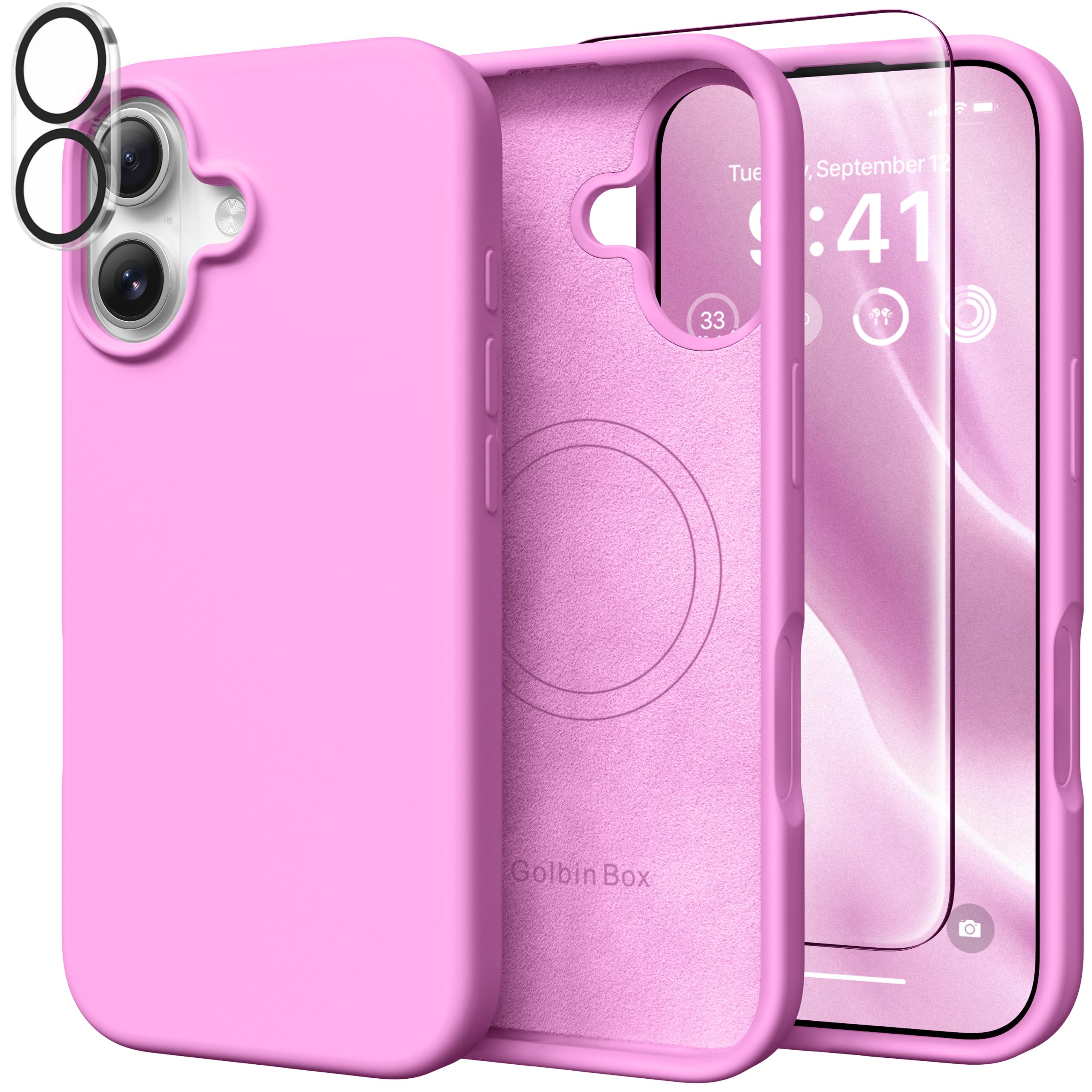 GolbinBox Magnetic for iPhone 17 Pro Max Case, Compatible with MagSafe, [Full Camera Protection] [Screen Protector], Silicone Shockproof Phone Cover with Anti-Scratch Microfiber Lining, Chalk Pink