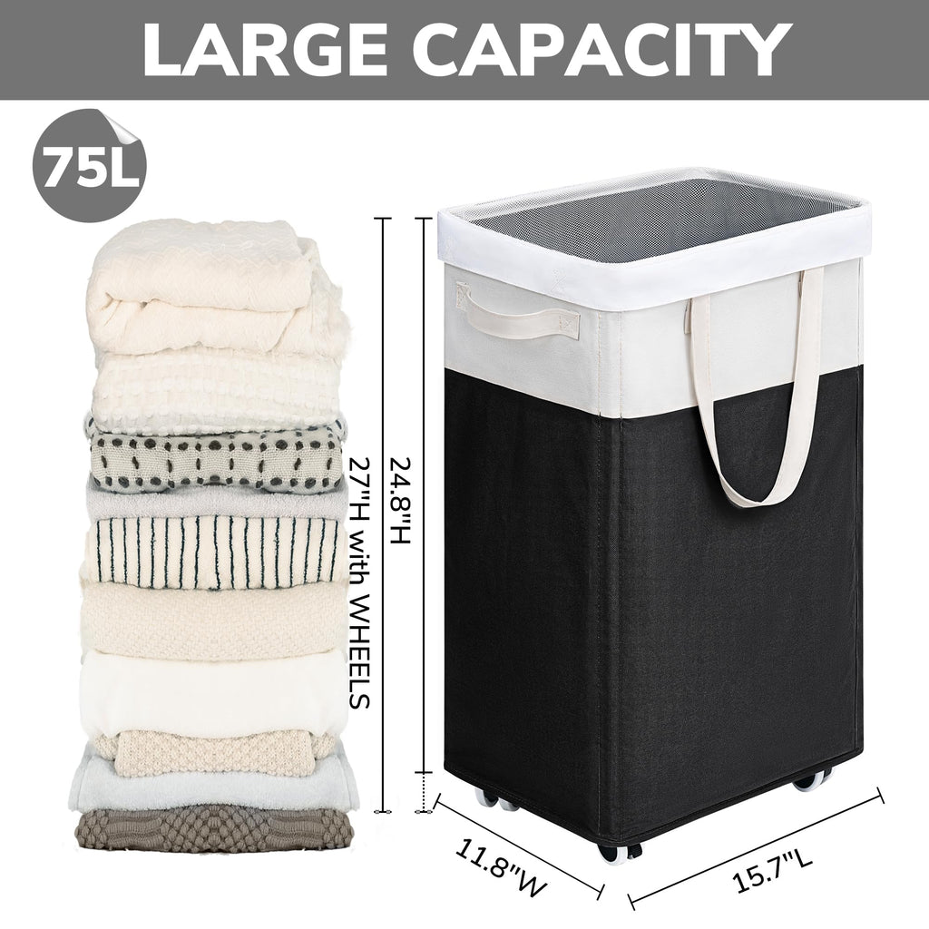 Goodpick Pink Laundry Basket with Wheels, Dorm Room Essentials for Girls, 75L Collapsible Laundry Basket, Laundry Hamper with Handle for College Dorm