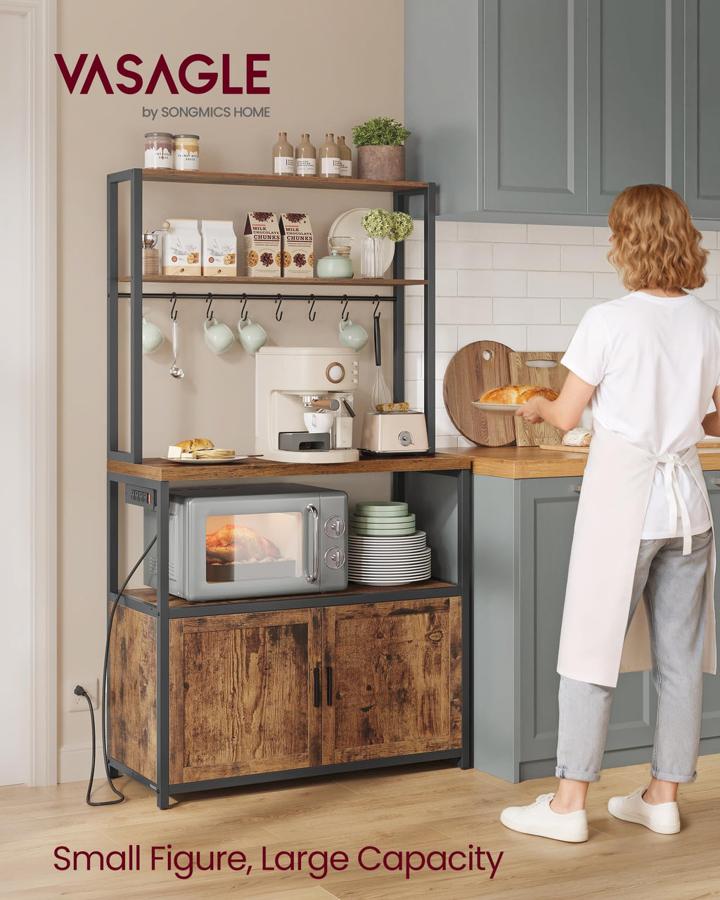VASAGLE Kitchen Bakers Rack with Power Outlet, Coffee Bar with 35.4-Inch High Worktop, Microwave Stand with 8 Hooks, 15.7 x 31.5 x 66.9 Inches, Golden Oak and Cloud White UKKS059Y01